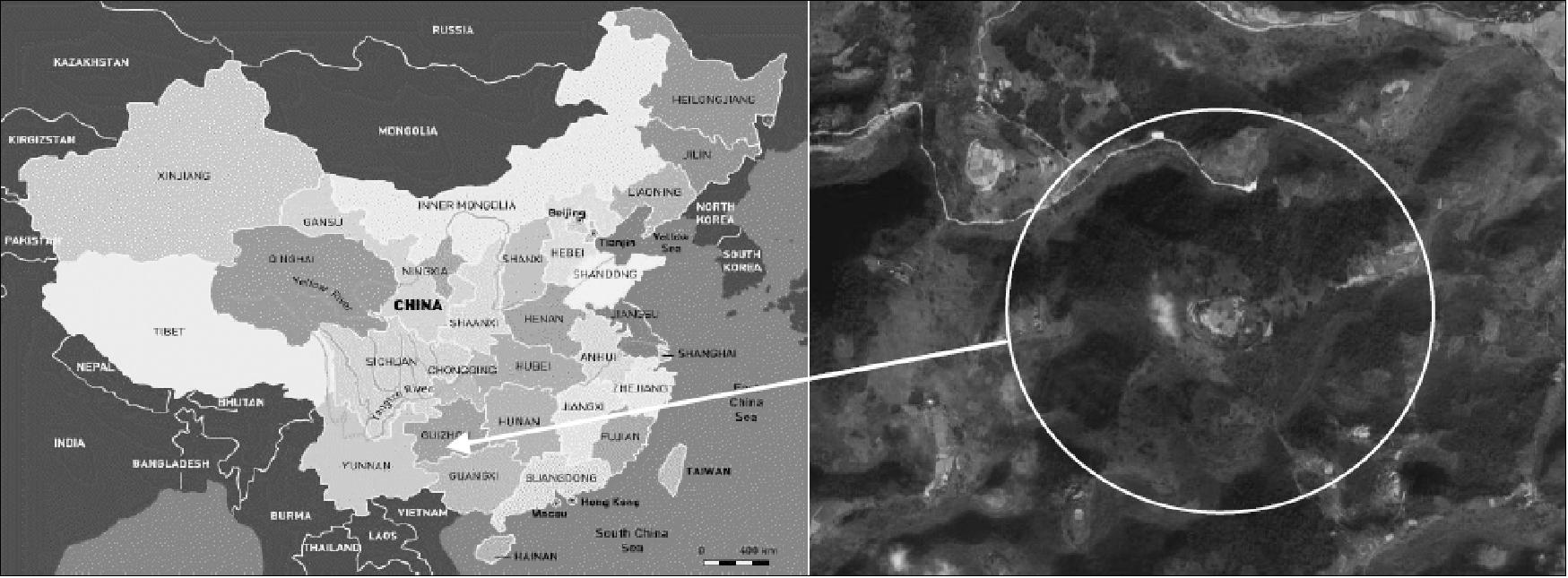 Figure 3: Depression Dawodang, East: 107º21' North: 25º48', Altitude: ~1000 m. Right: image by quick bird with resolution of 0.6 m, the dimension of the circle is ~1000 m (image credit: NAOC/CAS)