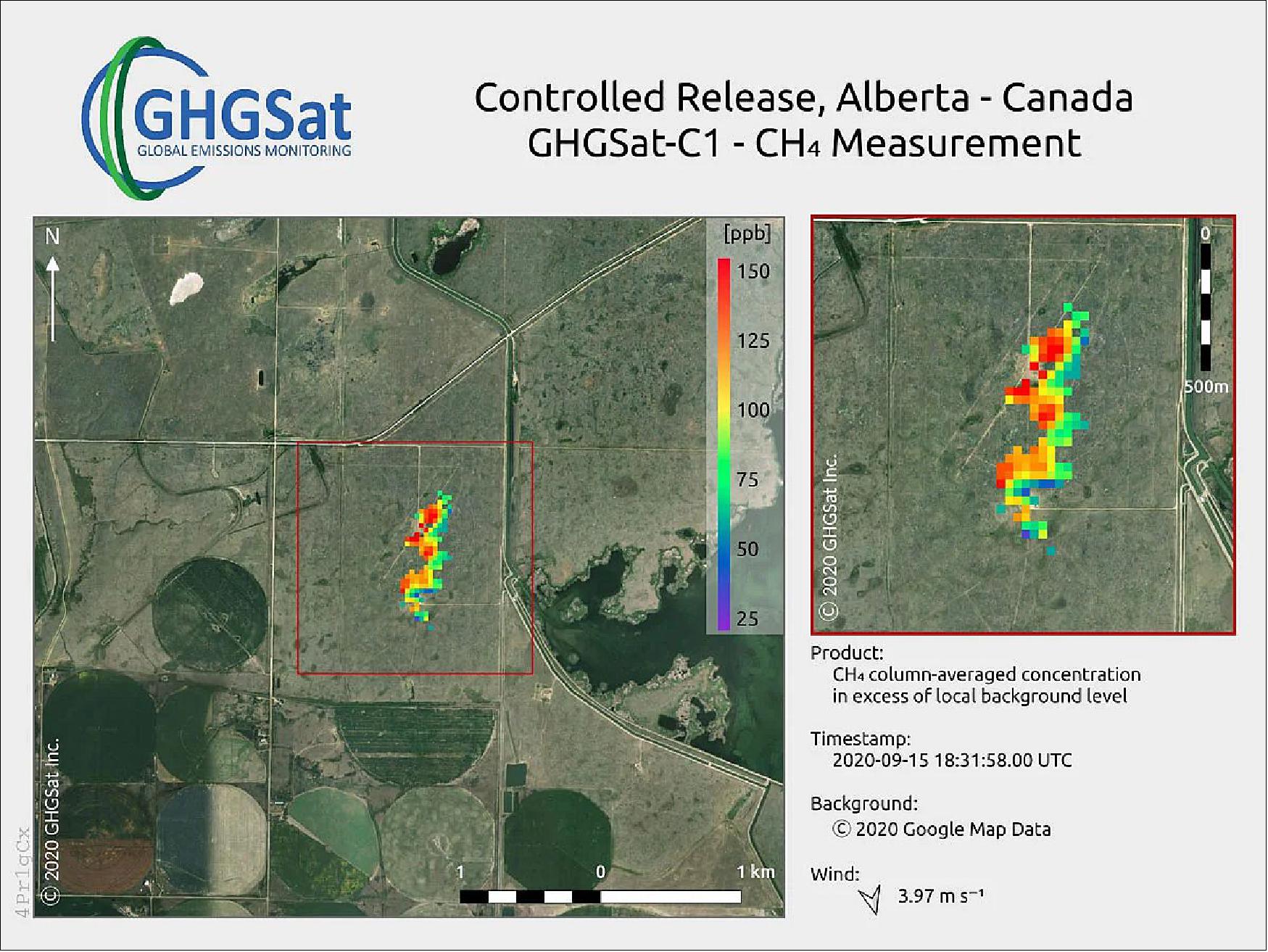 Figure 17: This image was taken on 15 September 2020, by GHGSat’s second satellite Iris. The spacecraft was tasked with measuring a controlled release of methane from a facility in Alberta, Canada. Ground measurements of the controlled release confirmed an emission rate of 260 kg CH4/hr. Iris maps plumes of methane in the atmosphere down to 25 m on the ground, detecting and measuring emissions from point sources 100 times smaller than any comparable system with a resolution 100 times higher, comparable to the emissions from a large landfill. GHGSat Inc. created the sample image by colorizing the methane concentration measurements that exceeded normal background levels captured over the Alberta test site. The colorized measurements are overlaid on an aerial photograph to provide context (image credit: GHGSat)