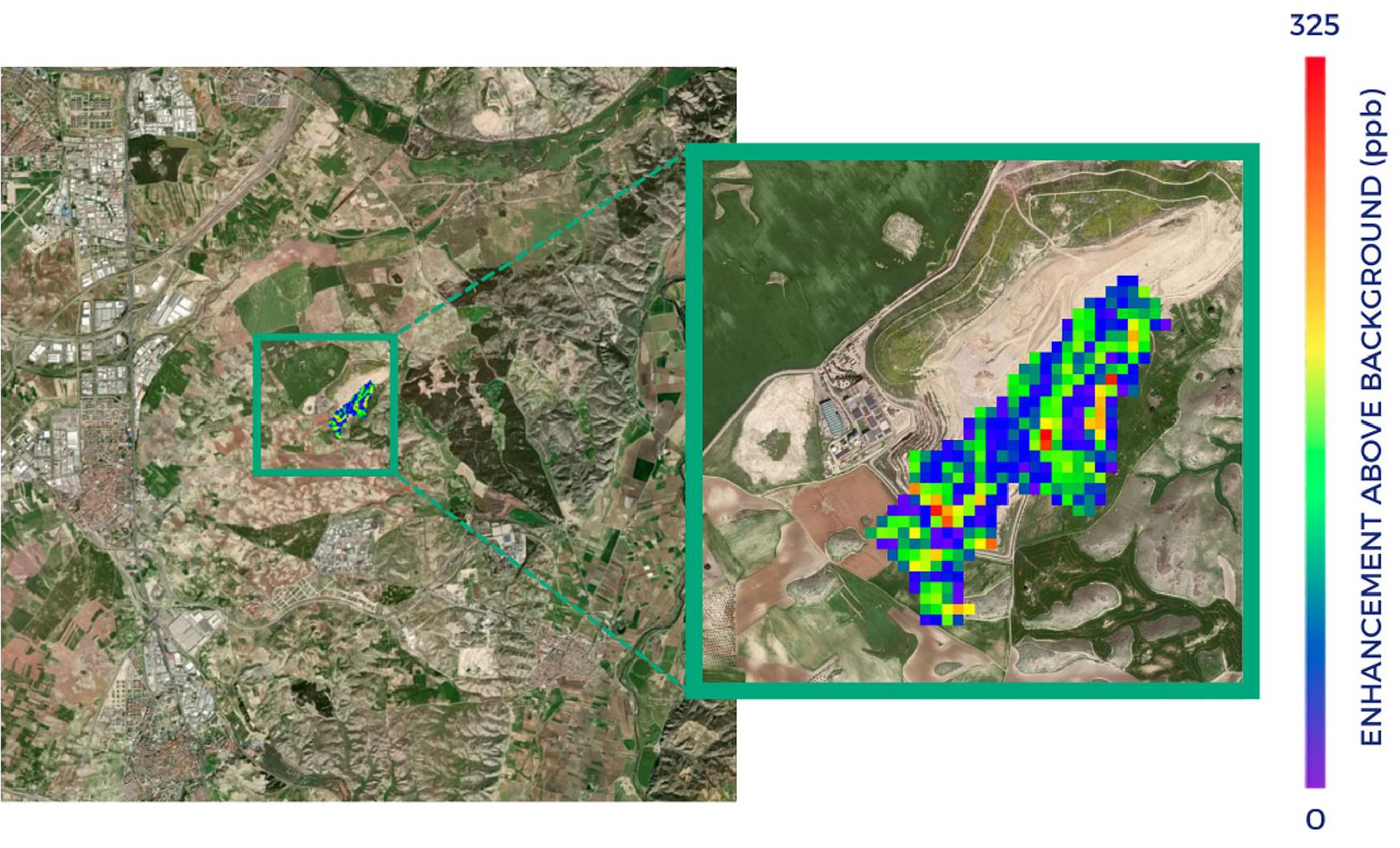Figure 13: Methane plumes were again observed at the Spanish landfill sites in October 2021. The GHGSat image shows the methane emissions from one of the landfill sites in Madrid on 13 October 2021 (image credit: GHGSat)