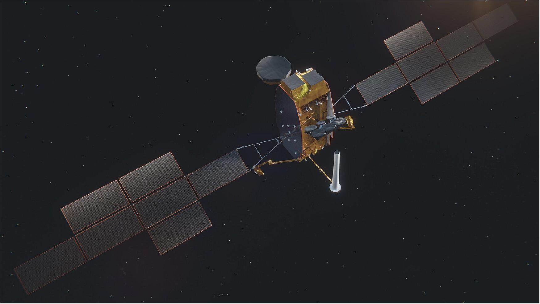 Figure 2: Artists impression of a telecommunications satellite developed under the SpainSat Next Generation programme. Two telecommunications satellites that can be reprogrammed while in space to respond to changing demands on Earth have passed their critical design reviews. The satellites – which are being developed and built by satellite manufacturers Airbus and Thales Alenia Space for satellite operator Hisdesat in Spain – are due to launch in 2023 and 2024. They will provide secure communications using innovative technologies such as fully reconfigurable active antennas with beam hopping and geolocation capabilities, artificial intelligence, big data and the internet of things (image credit: ESA)