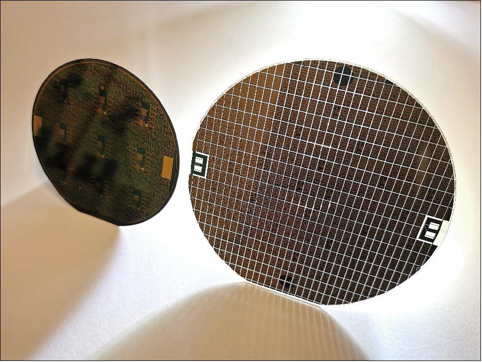 Figure 1: GaN integrated circuits on wafers. Two GaN wafers from two European suppliers OMMIC (left) and United Monolithic Semiconductors (right), carrying hundreds of microwave integrated circuits (image credit: ESA, V. Vaclav)