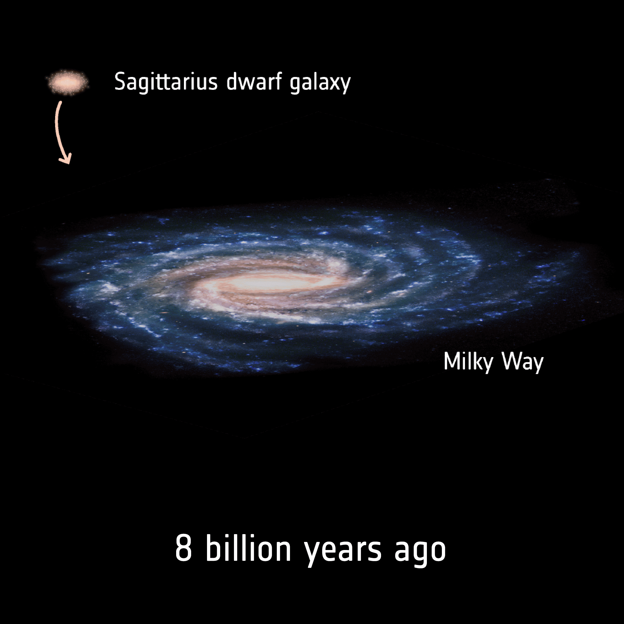 Figure 65: The Sagittarius dwarf galaxy has been orbiting the Milky Way for billions for years. As its orbit around the 10,000 more massive Milky Way gradually tightened, it started colliding with our galaxy's disc. The three known collisions between Sagittarius and the Milky Way have, according to a new study, triggered major star formation episodes, one of which may have given rise to the Solar System (image credit: ESA)