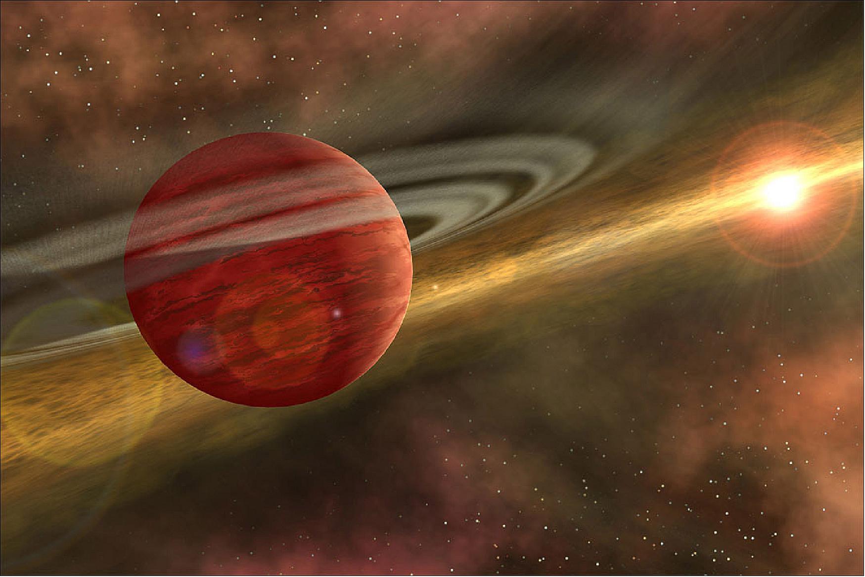 Figure 75: Artist's conception of a massive planet orbiting a cool, young star. In the case of the system discovered by RIT astronomers, the planet is 10 times more massive than Jupiter, and the orbit of the planet around its host star is nearly 600 times that of Earth around the sun (image credit: NASA/JPL-Caltech/R. Hurt)