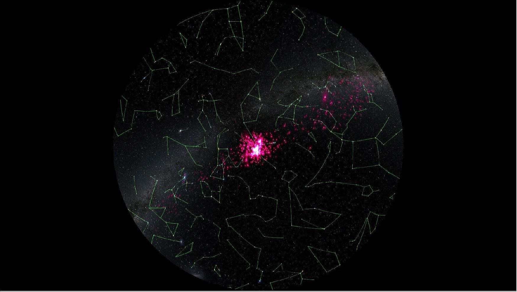 Figure 44: The Hyades and their tidal tails. The true extent of the Hyades tidal tails have been revealed for the first time by data from the ESA’s Gaia mission. The Gaia data has allowed the former members of the star cluster (shown in pink) to be traced across the whole sky. Those stars are marked in pink, and the shapes of the various constellations are traced in green. The image was created using Gaia Sky (image credit: ESA/Gaia/DPAC, CC BY-SA 3.0 IGO; acknowledgement: S. Jordan/T. Sagrista)