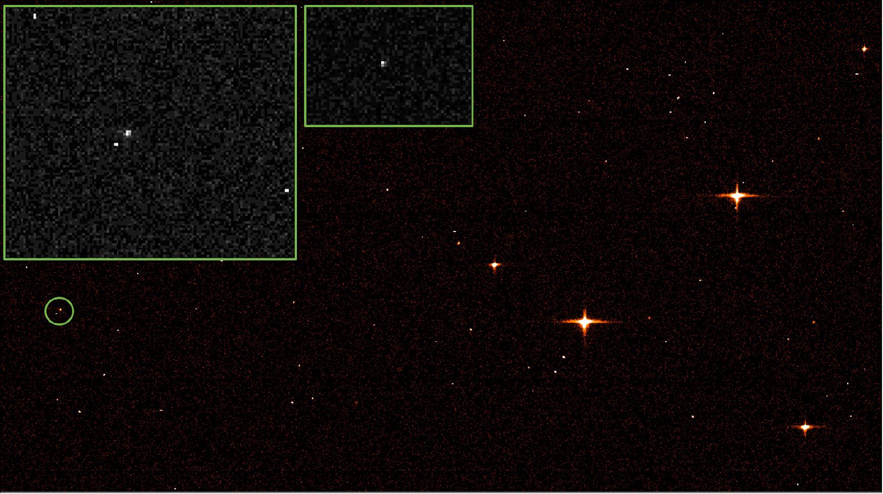 Figure 34: Images of the James Webb Space Telescope taken by ESA’s Gaia observatory on 18 February 2022. — Background frame: Cutout of the specially recorded image from Gaia’s sky mapper instrument at the first of the two observations from Gaia’s two telescopes. The reddish colour is artificial, chosen just for illustrative reasons. The frame shows a few relatively bright stars, several faint stars, a few disturbances – and a spacecraft. It is marked by the green circle. — Left grey inset: Zoom into the frame showing the Webb image at full resolution. It is the slightly extended speck of light in the centre. The other three bright dots are traces of energetic cosmic-ray particles which hit the CCD chip during the 2.5 seconds of exposure. The on-board software is capable of autonomously and reliably distinguishing these from star images. — Right grey inset: The second “photo” of Webb, taken in the second field of view of Gaia’s telescopes about 106.5 minutes after the first one. Each of the two images were created by just under 1000 sunlight photons arriving from the Webb spacecraft (image credit: ESA/Gaia/DPAC; CC BY-SA 3.0 IGO)