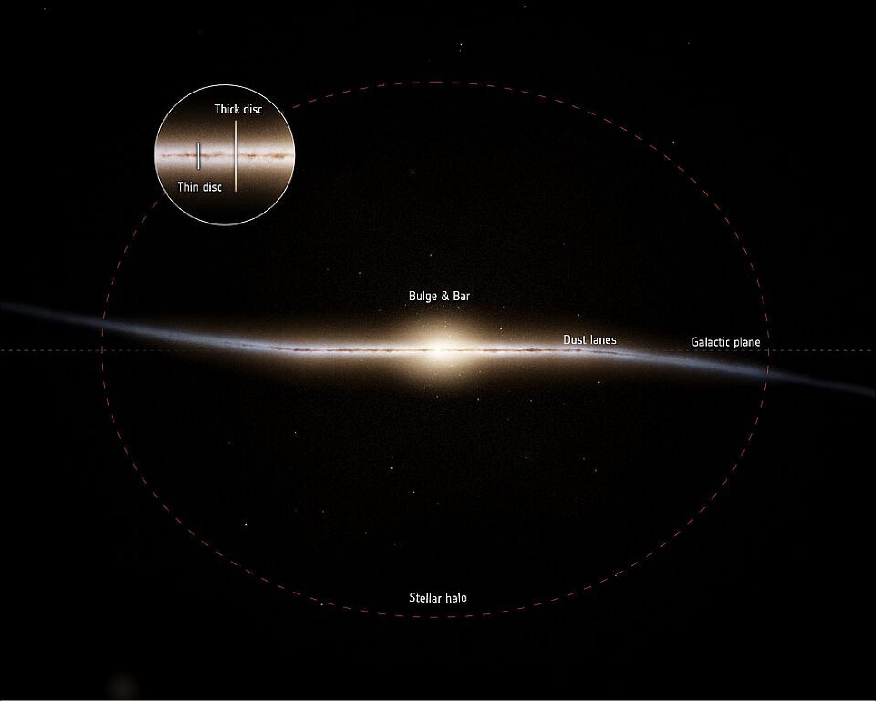 Figure 29: Basic structure of our home galaxy, edge-on view. The new results from ESA's Gaia mission provide for a reconstruction of the history of the Milky Way, in particular of the evolution of the so-called thick disc (image credit: Stefan Payne-Wardenaar / MPIA)