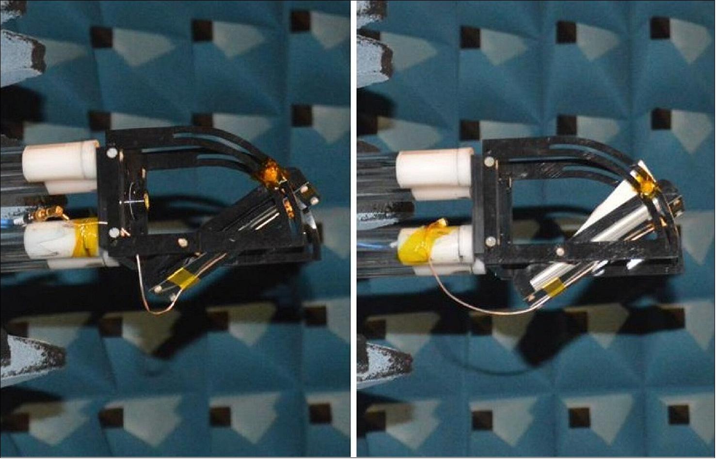 Figure 7: AMELIE dual frequency board tested in anechoic chamber at optimal 30º tilt, with (left) and without (right) ceramic reflector (image credit: TeleOrbit)