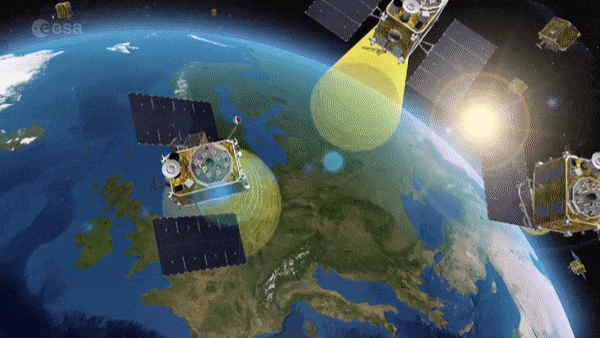Figure 53: The purpose of EGNOS is to monitor the real-time performance of US GPS satellites, then generate a correction message, containing information on the reliability and accuracy of their positioning data, which are then broadcast via EGNOS's geostationary satellites to all suitably equipped satnav receivers. EGNOS consists of three geostationary satellites and a Europe-wide ground segment composed of two master control stations, six uplink stations and a network of 40 monitoring stations, all connected and communicating in real time (image credit: ESA)