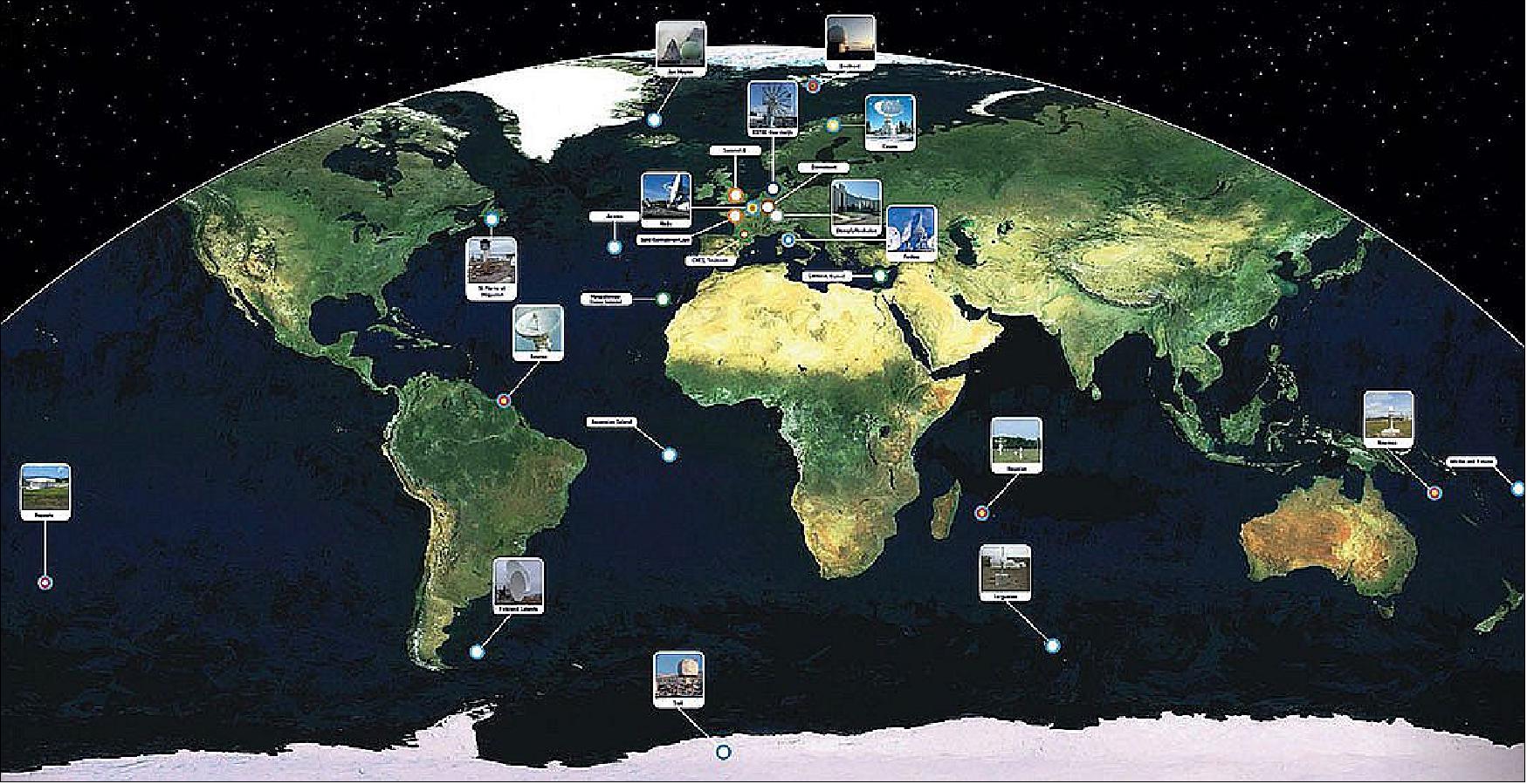 Figure 105: The worldwide Galileo ground segment includes two control centers (Italy and Germany) as well as various tracking, uplink and sensor stations and monitoring and test centers (image credit: ESA)