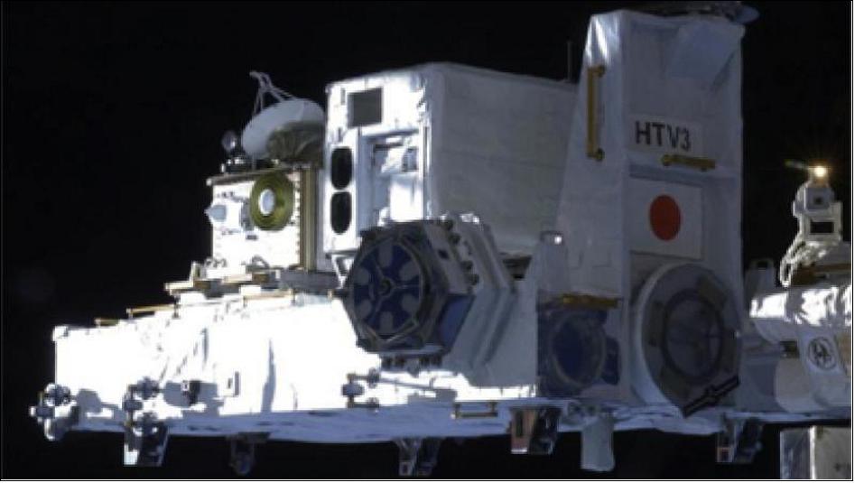 Figure 75: SCaN Testbed on ISS: A re-configurable NASA receiver SCaN (Space Communications and Navigation Testbed) is attached to the exterior of the ISS. In April 2018 the chest-sized SCaN, seen left of center with an antenna on top, was used to make the first combined Galileo-GPS positioning fix in orbit (image credit: NASA)