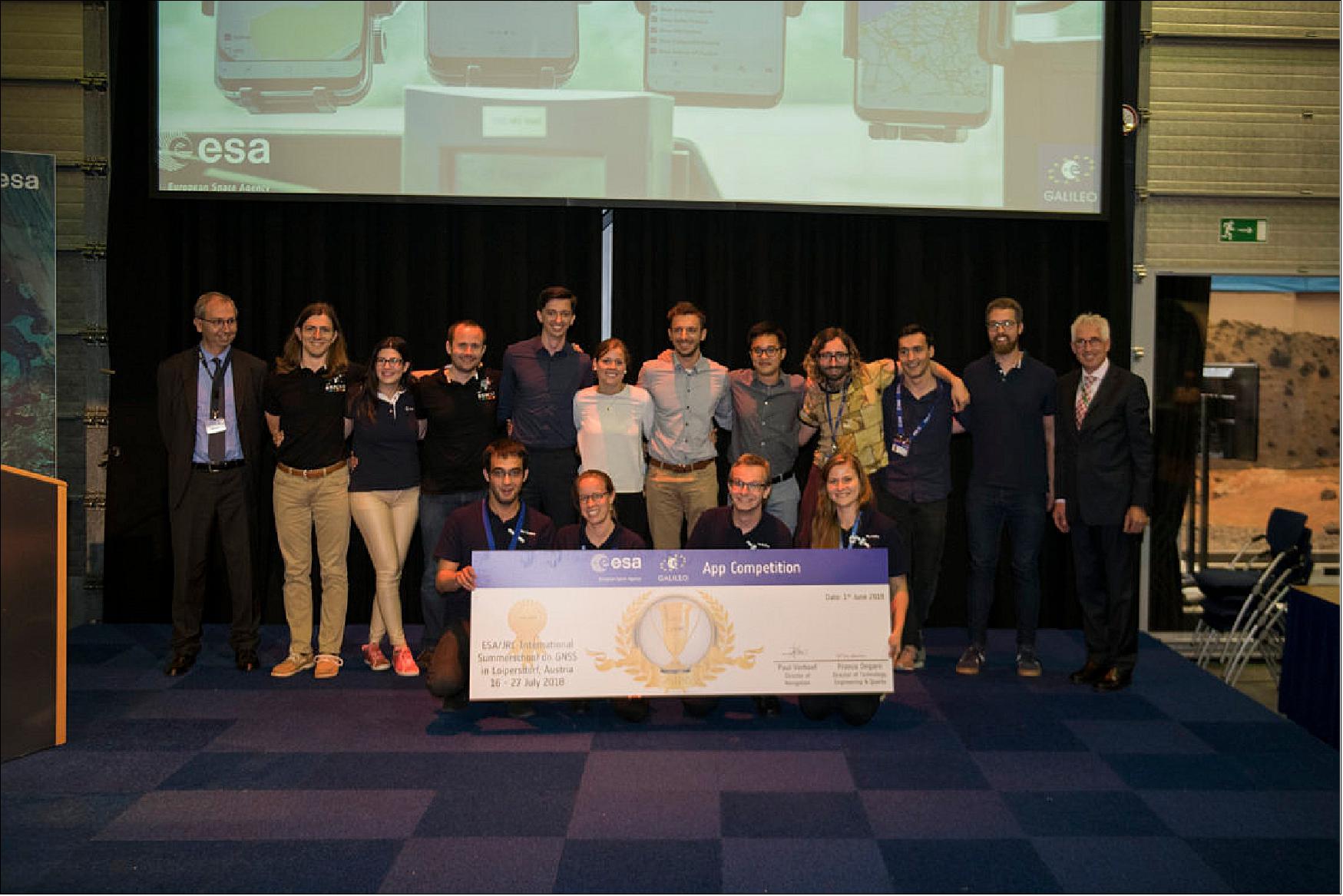 Figure 72: The winning Galfins team of ESA's Galileo smartphone app flanked by members of the other two teams of ESA trainees, ‘Chocolateam' and ‘Team 5G', at the end of the competition's final presentation at ESA's ESTEC technical center on 31 May 2018. At the far left is Riccardo De Gaudenzi, head of ESA's Radio Frequency Systems and Payloads Office; to the far right is Javier Benedicto, ESA's Galileo program manager (image credit: ESA–G. Porter, CC BY-SA 3.0 IGO)