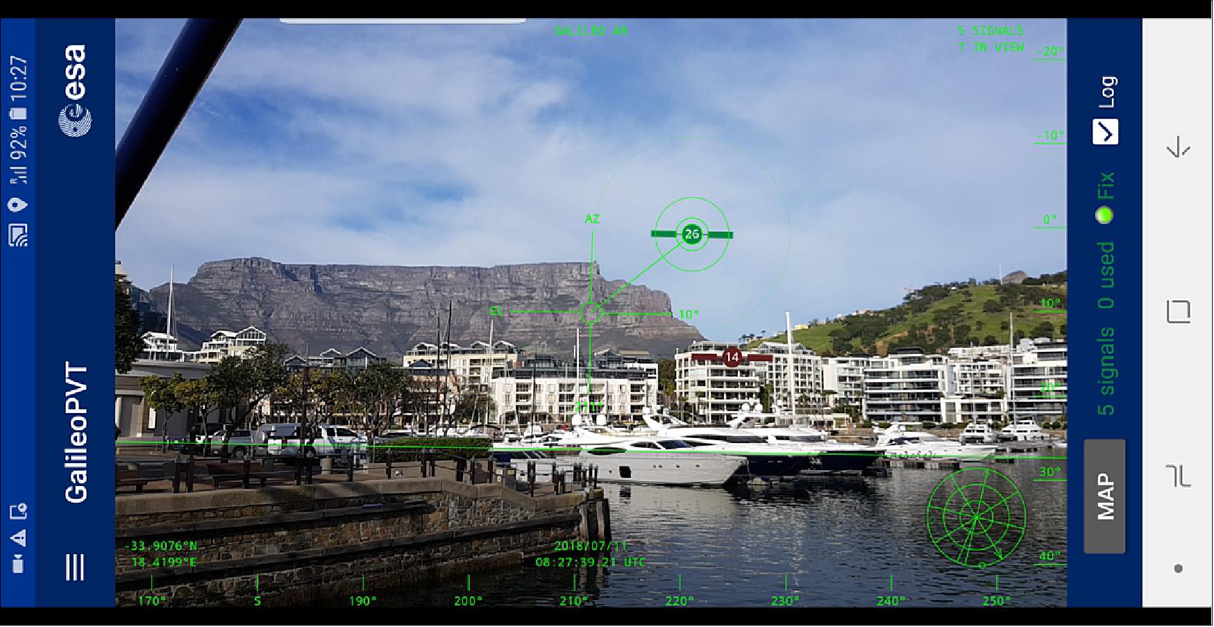 Figure 62: An augmented reality view of a Galileo satellite above Cape Town, South Africa. Space engineer Frank Bagiana took a smartphone equipped with the GalileoPVT app during his holiday to Africa to take some pictures of Europe's navigation satellites. Satellites in green are contributing to the receiver's positioning solution (image credit: ESA)