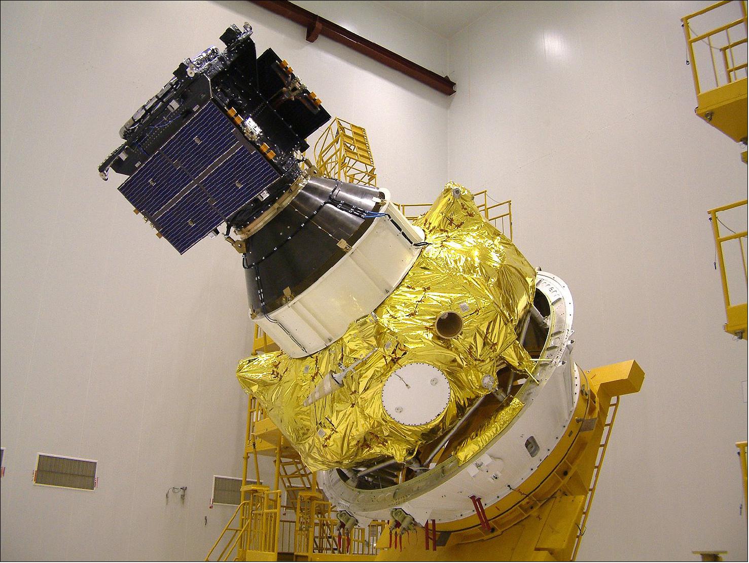 Figure 29: Photo of the GIOVE-A satellite mounted on the Soyuz Fregate upper stage at the Baikonur launch site, 2005 (image credit: SSTL)