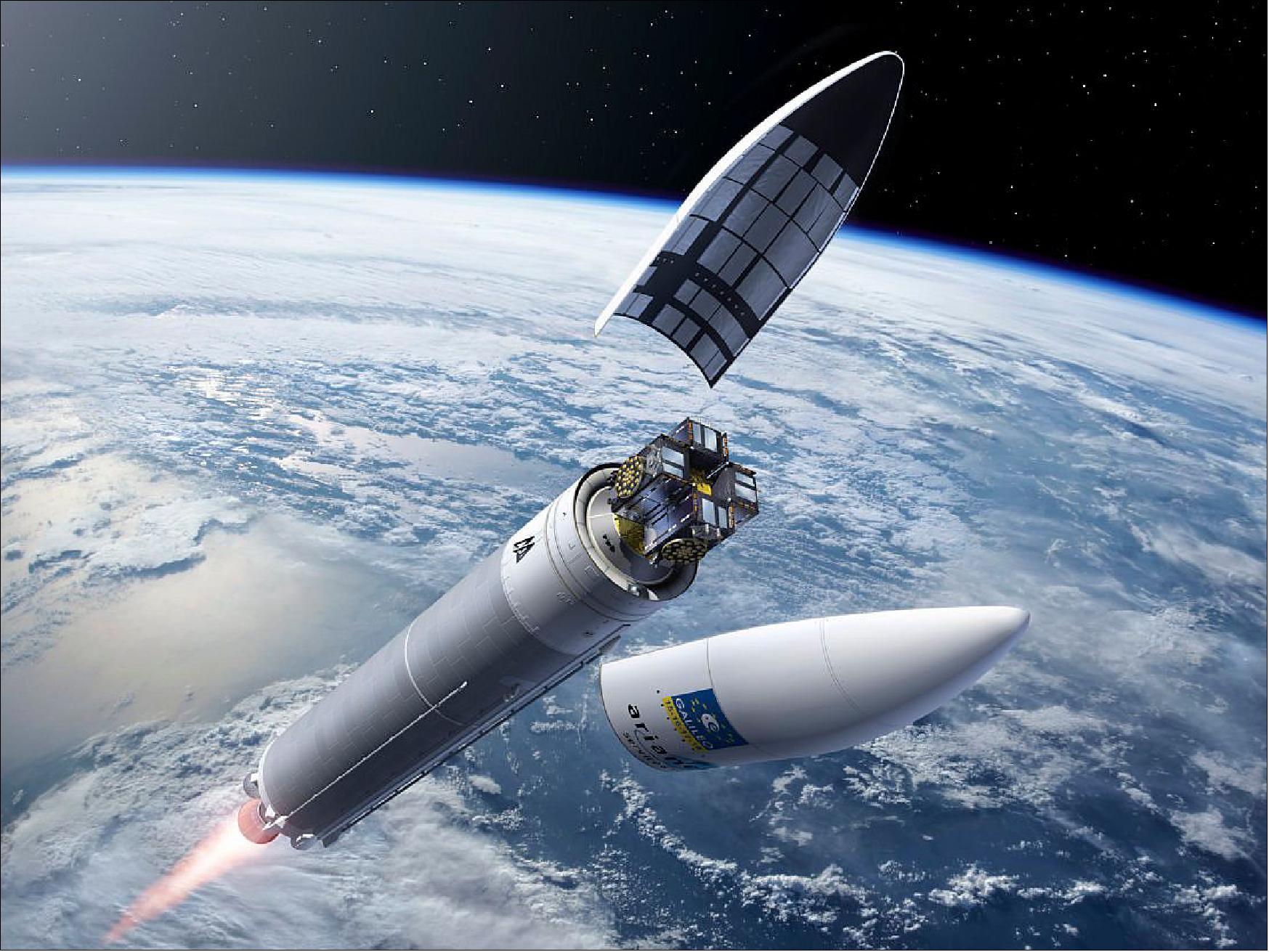 Figure 24: Above Earth's atmosphere, Ariane's aerodynamic fairing is jettisoned and the four Galileo satellites ‘see' space for the first time (image credit: ESA, P. Caril) 32)