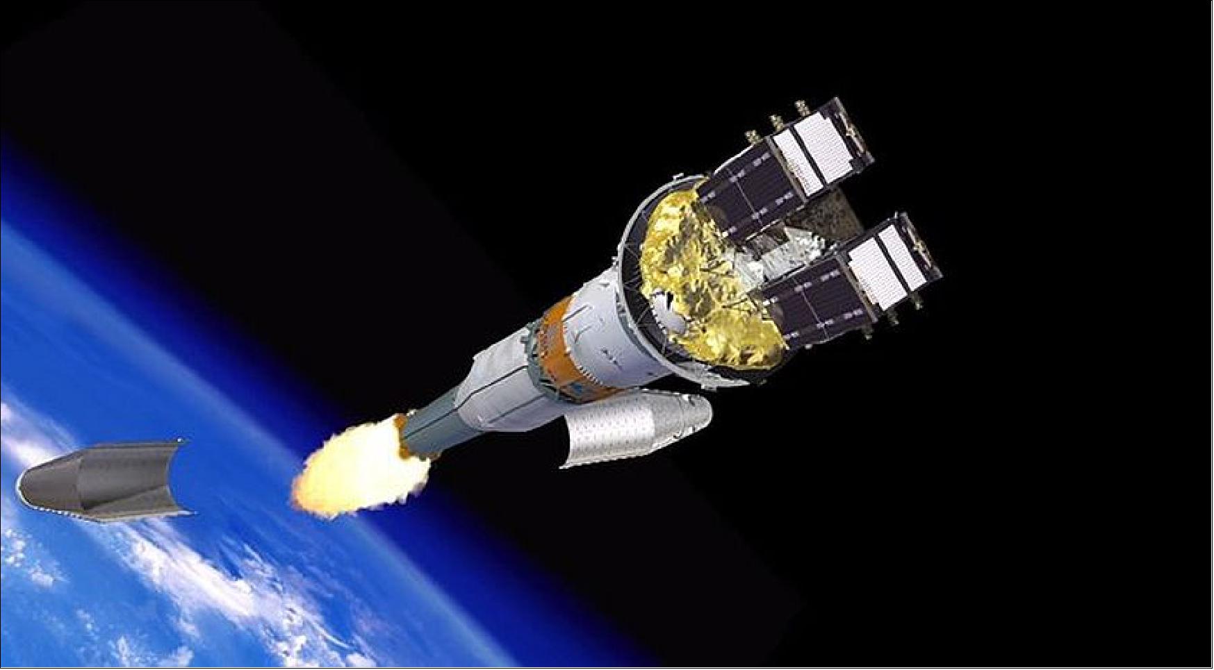 Figure 23: Artist's view of the protective launcher fairing which jettisoned at 3 min 29 sec after launch, revealing the two Galileo satellites attached to their dispenser atop the Fregat upper stage (image credit: Arianespace, ESA)