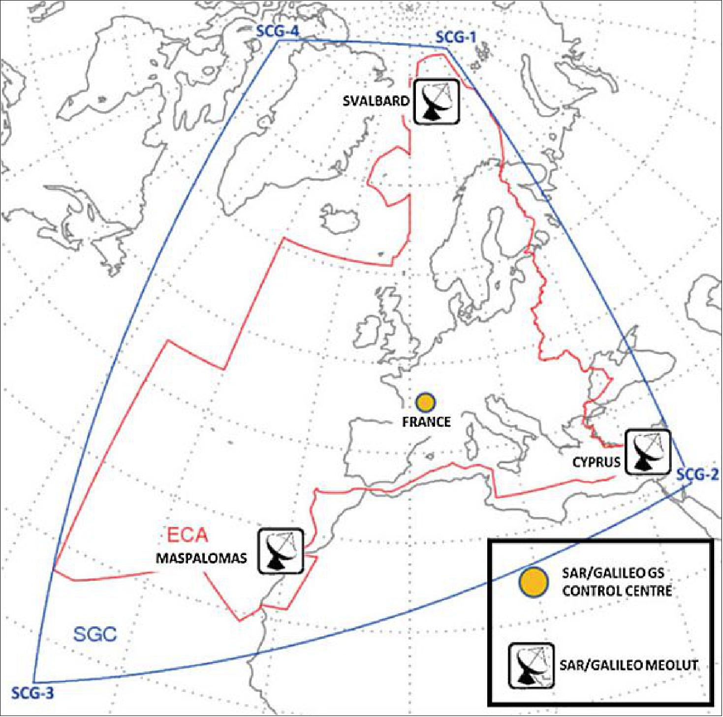 Figure 118: SAR/Galileo European coverage area and ground facilities (image credit: ESA)