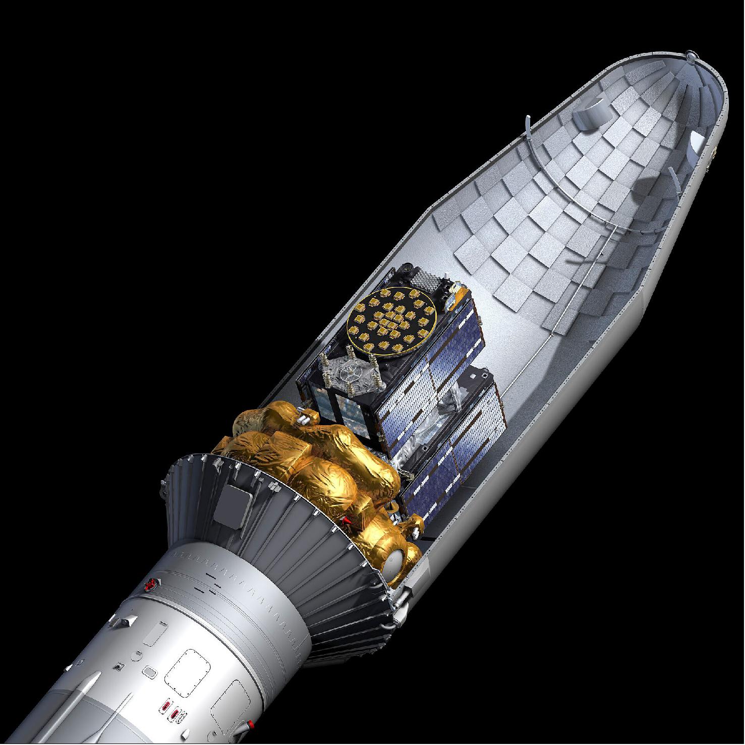 Figure 9: Galileos 27-28 seen atop their gold-wrapped Fregat upper stage within their Soyuz launcher fairing (image credit: ESA, P. Carril)