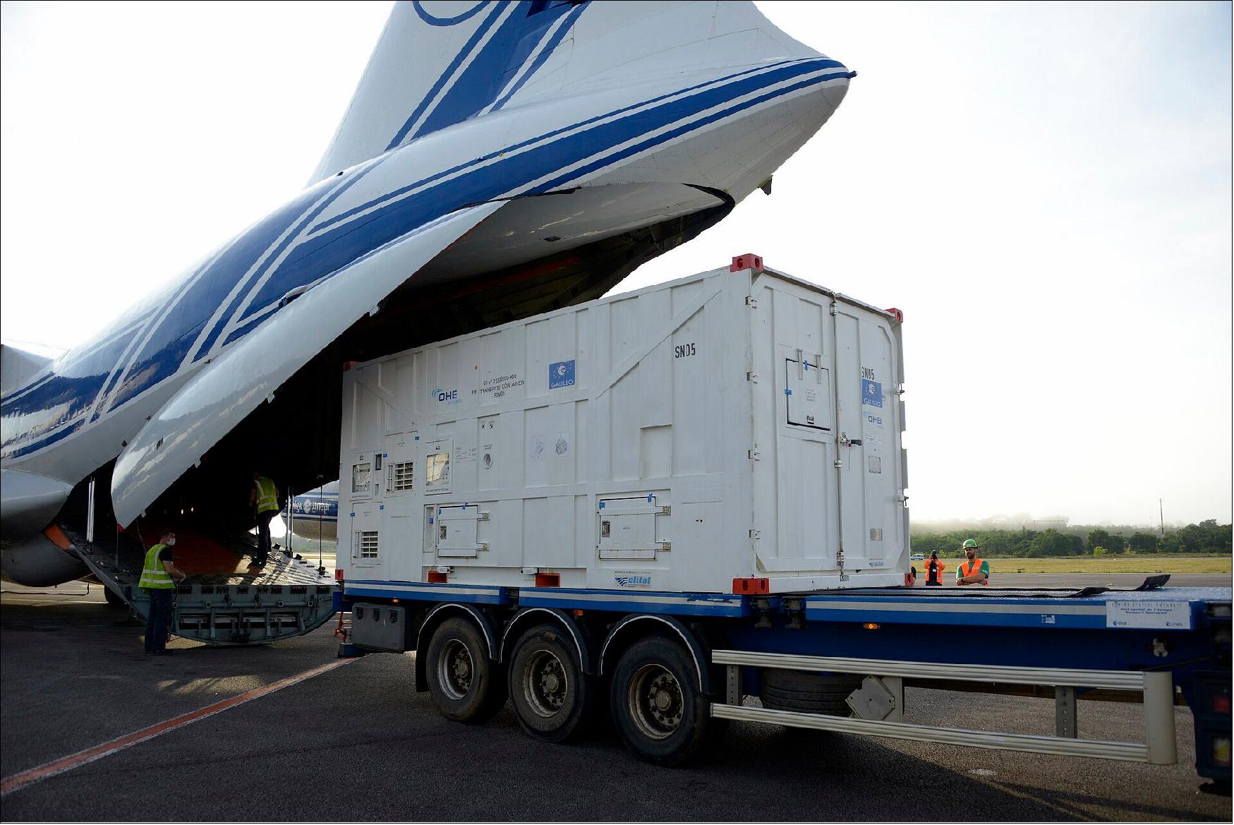 Figure 8: Loading Galileo satellite aboard lorry. Flown from Liège Airport in Belgium on an Ilyushin cargo carrier, Galileo satellites 27-28 touched down in Cayenne – Félix Eboué Airport in the evening of 6 October 2020. The two satellites, each in their own transport container, were placed on lorries and driven to Europe's Spaceport (image credit: ESA, P. Muller)