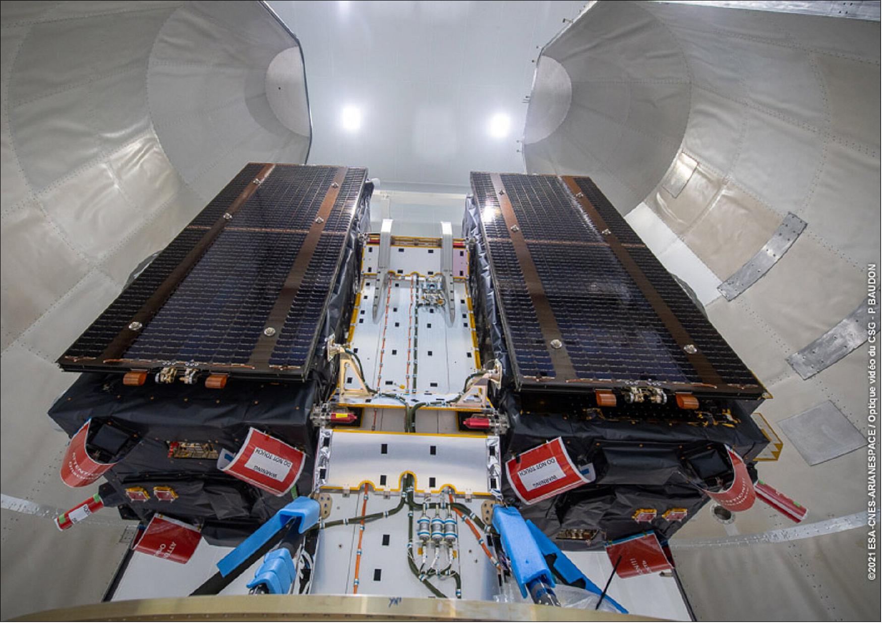 Figure 7: Galileo satellites 27 - 28 attached to their dispenser in preparation for their 2 December 2021 launch (image credit: ESA-CNES-Arianespace Optique Video du CSG - P Baudon)