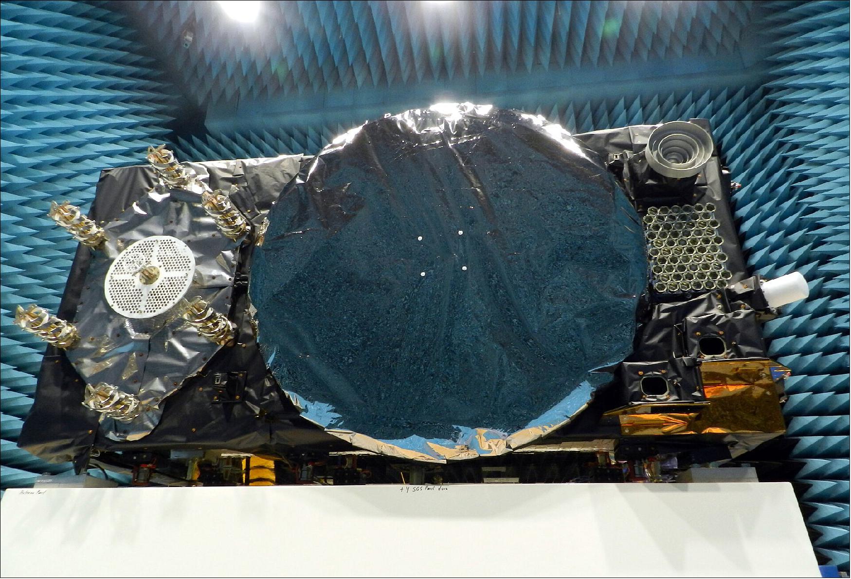 Figure 6: Seen here sheathed in multi-layer insulation, the 2.5 m by 1.2 m by 1.1 m satellite's main 1.4-m diameter antenna transmits L-band navigation signals down to Earth. To its left is the hexagonal search and rescue antenna that picks up distress signals and relays them to local emergency services, contributing to the saving of more than 2000 lives annually (image credit: ESA-P. Muller)