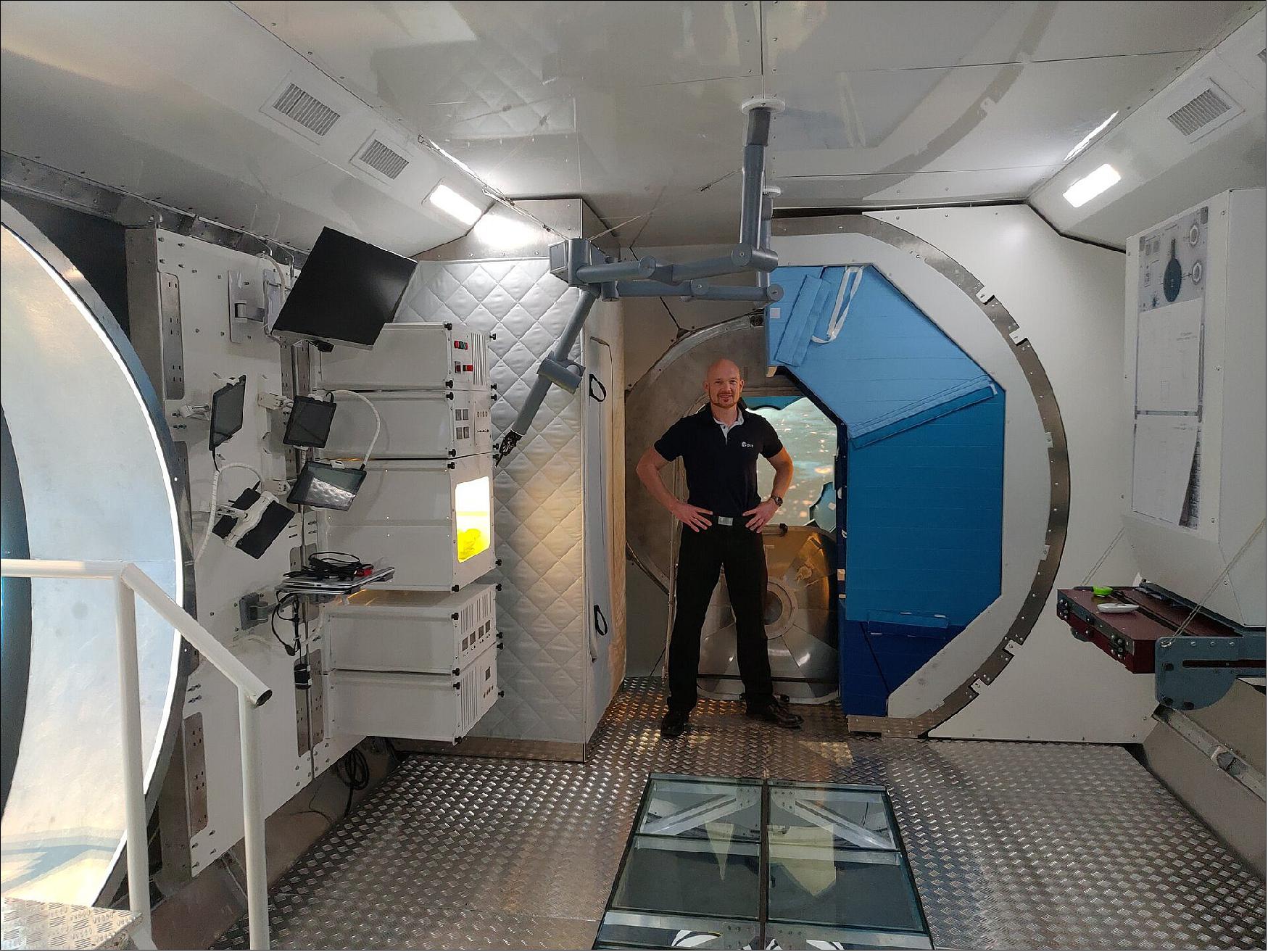 Figure 3: Photo of Alexander Gerst in the new I-Hab at Thales Alenia Space in Turin (image credit: Thales Alenia Space)