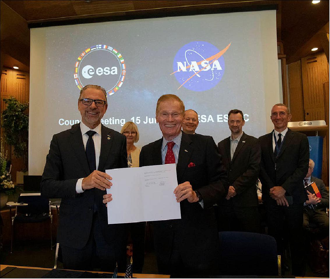 Figure 2: NASA Administrator Bill Nelson, right, and ESA (European Space Agency) Director General Josef Aschbacher pose for a photograph following the signing of two agreements at the ESA Council meeting in Noordwijk, Netherlands, June 15, 2022. The agreements aim to further advance the space agencies' cooperation on Earth science and Artemis missions (image credits: ESA, S. Corvaja)