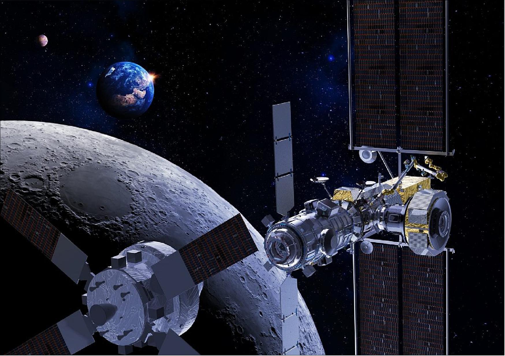Figure 14: Gateway with Orion docking over Moon. Thales Alenia Space won ESA contracts to build the I-HAB international habitation module and ESPRIT refueling and telecommunications element for the lunar Gateway (image credit: Thales Alenia Space)