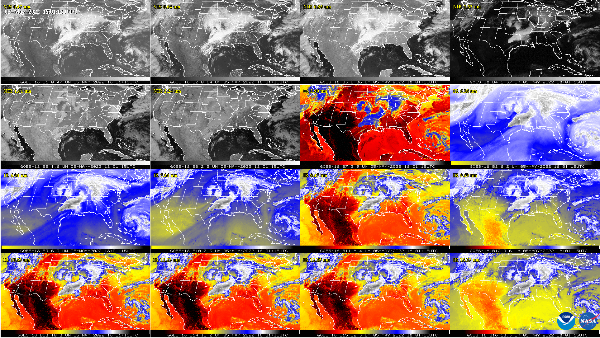 Figure 23: This GOES-18 image shows the contiguous United States observed by each of the ABI’s 16 channels on May 5, 2022. This 16-panel image shows the ABI’s two visible, four near-infrared and 10 infrared channels. The visible and near-IR bands are gray-colored, while the infrared bands have the warmer brightness temperatures mapped to warmer colors. The different appearance of each band is due to how each band reflects or absorbs radiation. Each spectral band was scanned at approximately the same time, starting at 18 UTC (image credit: NOAA)
