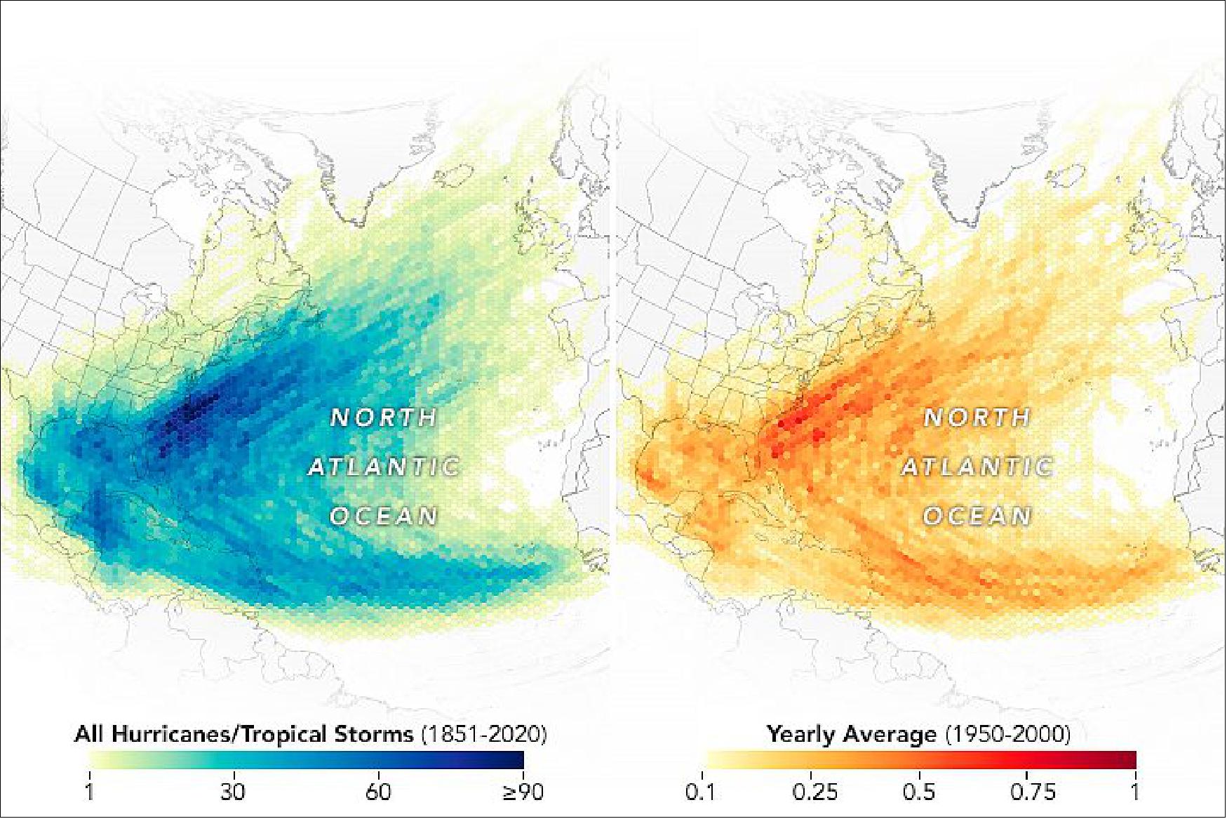 Figure 41: These maps show historical storm tracks in the Atlantic basin, with each hexagon having a 100 km (60-mile) diameter. The map on the left shows the total number of storms that crossed through each 100-kilometer parcel from 1851 to 2020. The map on the right shows the average number of storms that passed through each hexagon between 1950 and 2000. While the yearly average frequency barely approached one storm for any given parcel from 1950-2000, the active season of 2020 brought as many as four storms to some of these areas (image credit: NASA Earth Observatory)