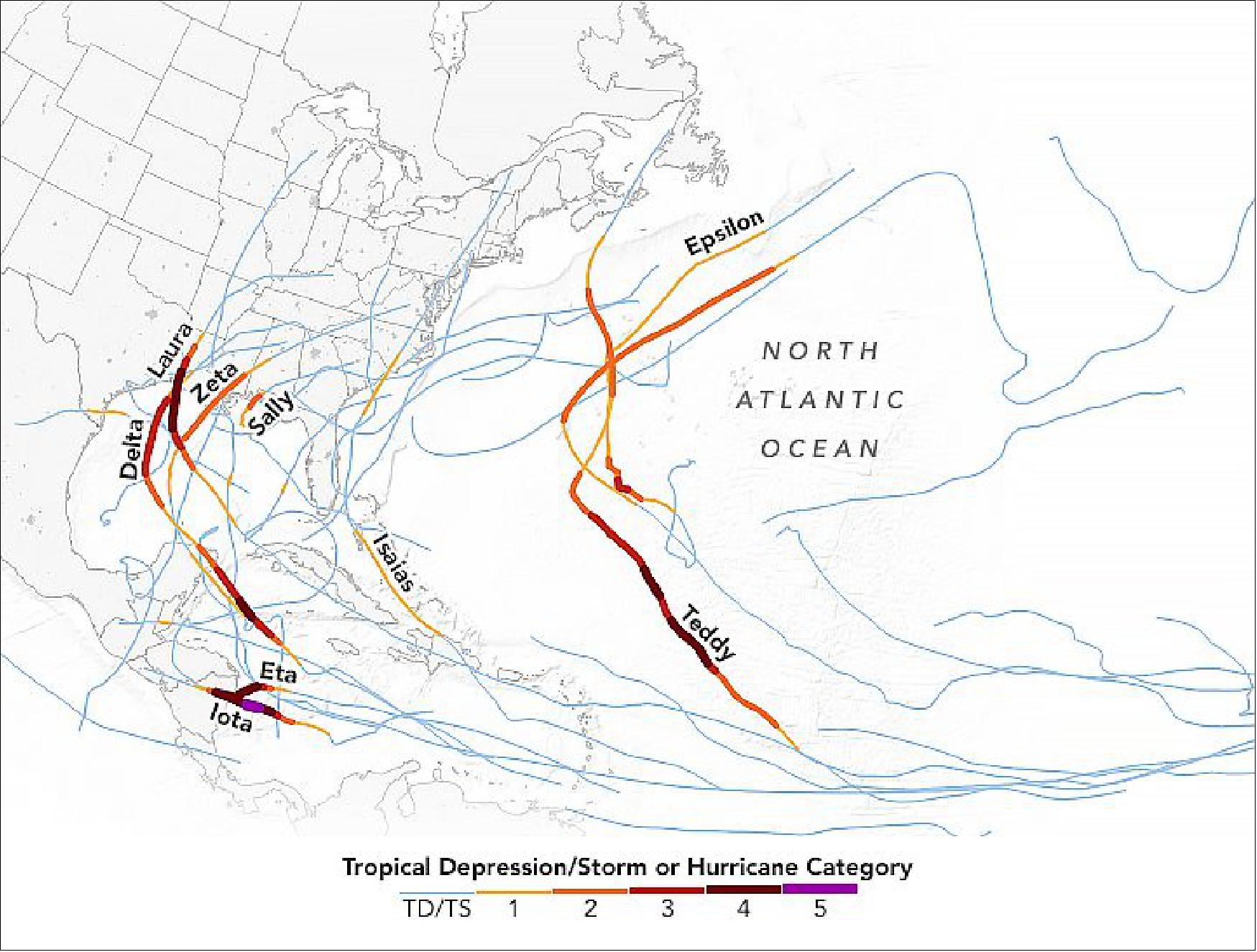 Figure 40: The map shows the tracks of all 30 Atlantic storms in 2020, highlighting a few of the named storms. Three of them—Eta, Iota, and Delta—saw their winds intensify by at least 80 miles (130 km) per hour in 24 hours. The data for the map come from the International Best Track Archive for Climate Stewardship (IBTrACS), the official archive used by the World Meteorological Organization (image credit: NASA Earth Observatory images by Joshua Stevens, using GOES 16 data from NOAA and the National Centers for Environmental Information (NCEI) and the International Best Track Archive for Climate Stewardship (IBTrACS). Story by Kasha Patel)