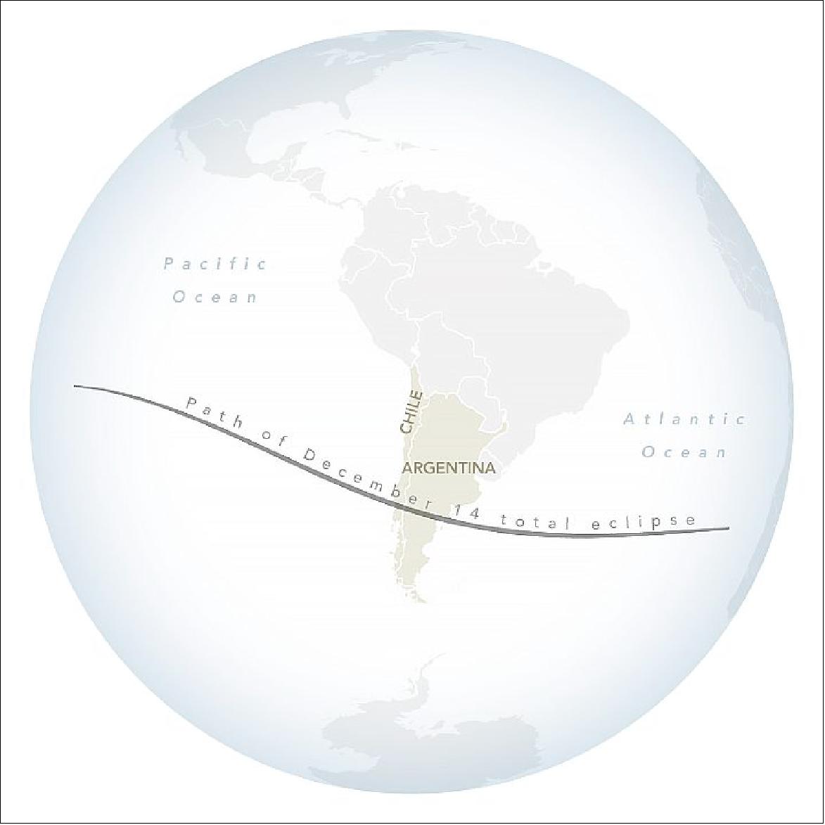 Figure 39: The “path of totality” (umbral path) for the eclipse this week was roughly 90 km (60 miles) wide and passed across South America from Saavedra, Chile, to Salina del Eje, Argentina. However, meteorologist Matthew Cappucci reported that an atmospheric river event caused thick cloud cover over much of the region (image credit: NASA Earth Observatory)