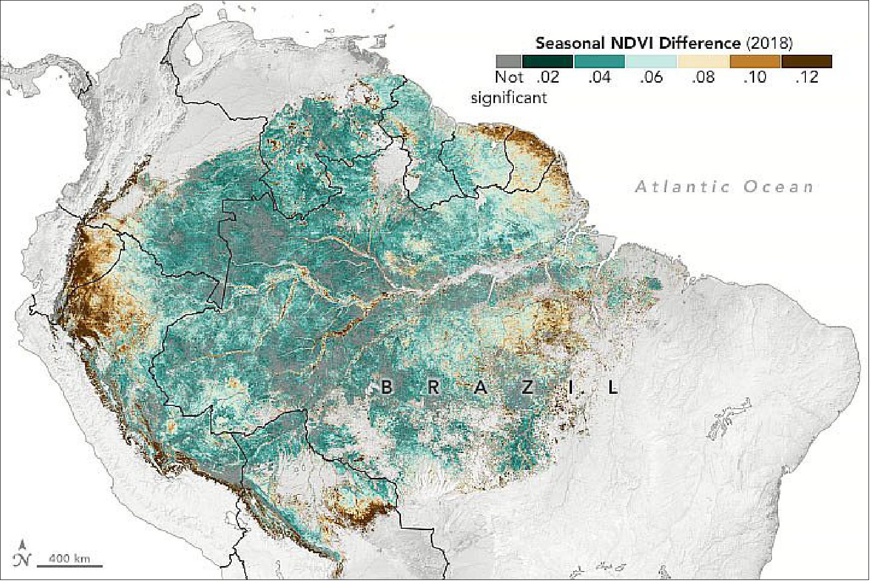 Figure 36: An analysis of geostationary satellite data found a 10 to 15 percent increase in greening around the Amazon rainforest during the dry season (image credit: NASA Earth Observatory images by Joshua Stevens, using data courtesy of Hashimoto, H., et al. (2021), and GOES 16 data from NOAA and the National Centers for Environmental Information (NCEI). Story by Adam Voiland)