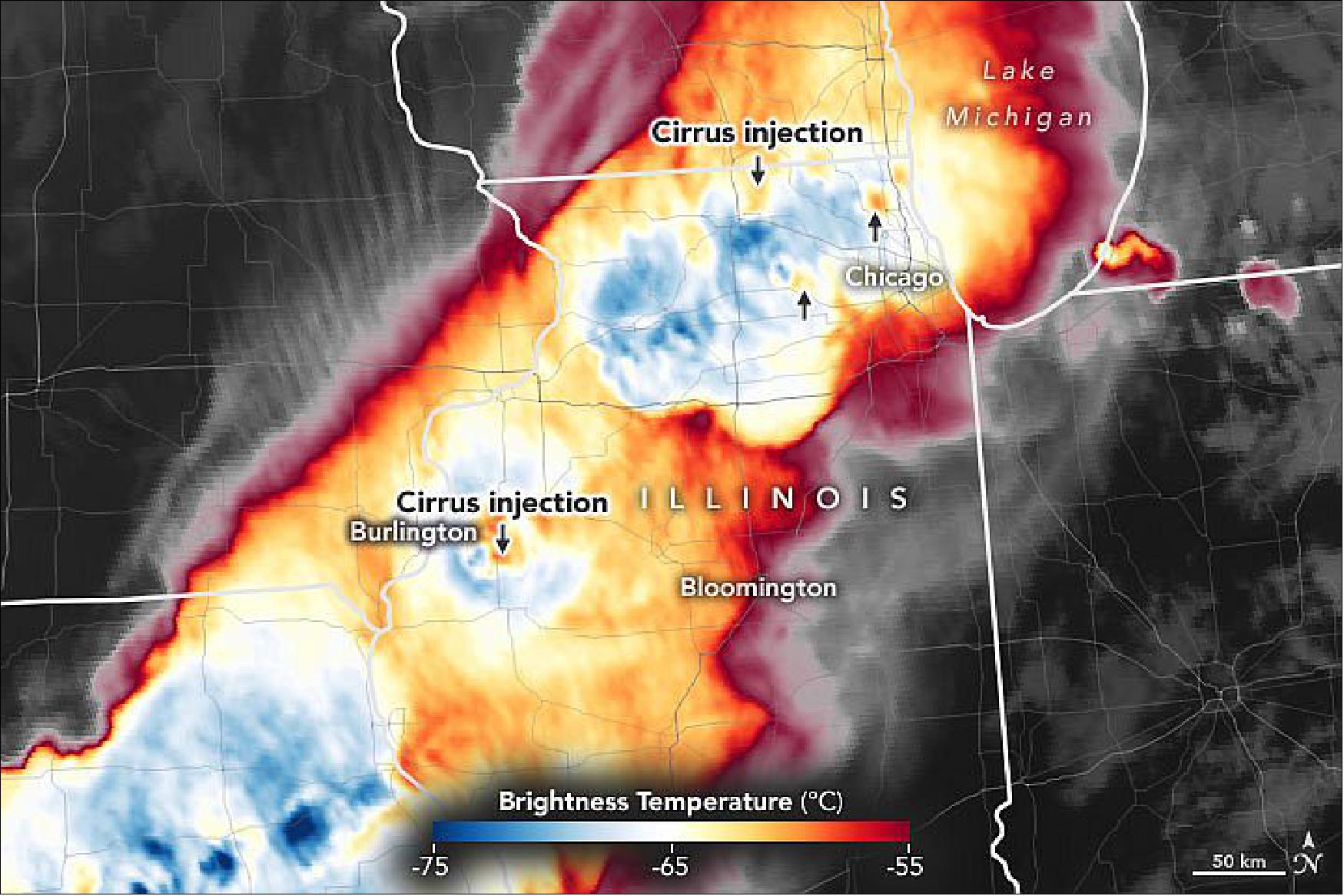 Figure 31: Detail image: From a satellite perspective, the dynamics of the storm system were more subtle, but they offered at least one early clue that the squall line had a good chance of unloading destructive weather. The cloud temperature data above, from the Advanced Baseline Imager (ABI) on the GOES-R satellite, was collected about 45 minutes before the tornado touched down. Warmer air is red and cooler air is blue. - “Notice the plumes of warm air downwind of updrafts—the cold overshooting cloud tops,” said Kristopher Bedka of NASA’s Langley Research Center. “Those are what we call ‘above-anvil cirrus plumes’ (AACPs)—cirrus clouds that were injected into the stratosphere.” [NASA Earth Observatory images by Joshua Stevens, using GOES-16 (former GOES-R designation) imagery courtesy of NOAA and the National Environmental Satellite, Data, and Information Service (NESDIS). Story by Adam Voiland]