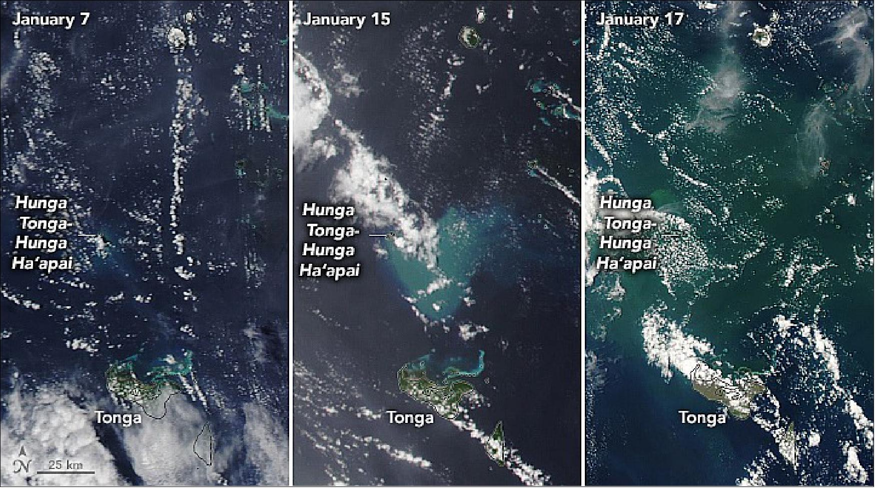 Figure 27: The trio of natural-color images shows ash, pumice, and sediment discoloring the water around the eruption site. The images were acquired by the Moderate Resolution Imaging Spectroradiometer (MODIS) on NASA’s Aqua satellite (image credit: NASA Earth Observatory).