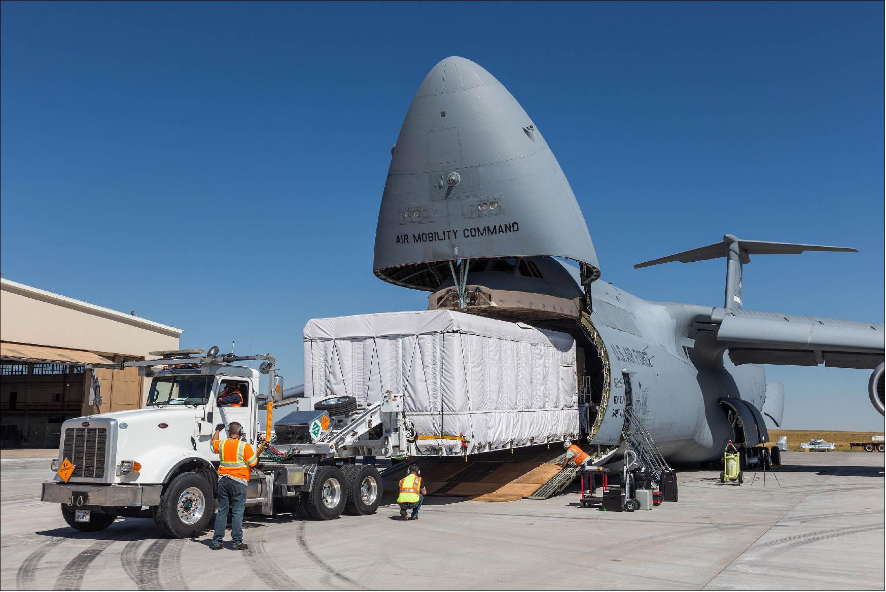 Figure 14: Lockheed Martin delivered NOAA's GOES-R weather satellite to its Florida launch site on Aug. 22, 2016. The spacecraft was shipped aboard a U.S. Air Force C-5M Super Galaxy cargo plane from Buckley Air Force Base, Colorado to NASA's Kennedy Space Center, Florida. The satellite will now undergo final processing in preparation for a November launch (image credit: Lockheed Martin, NOAA, Space Daily)
