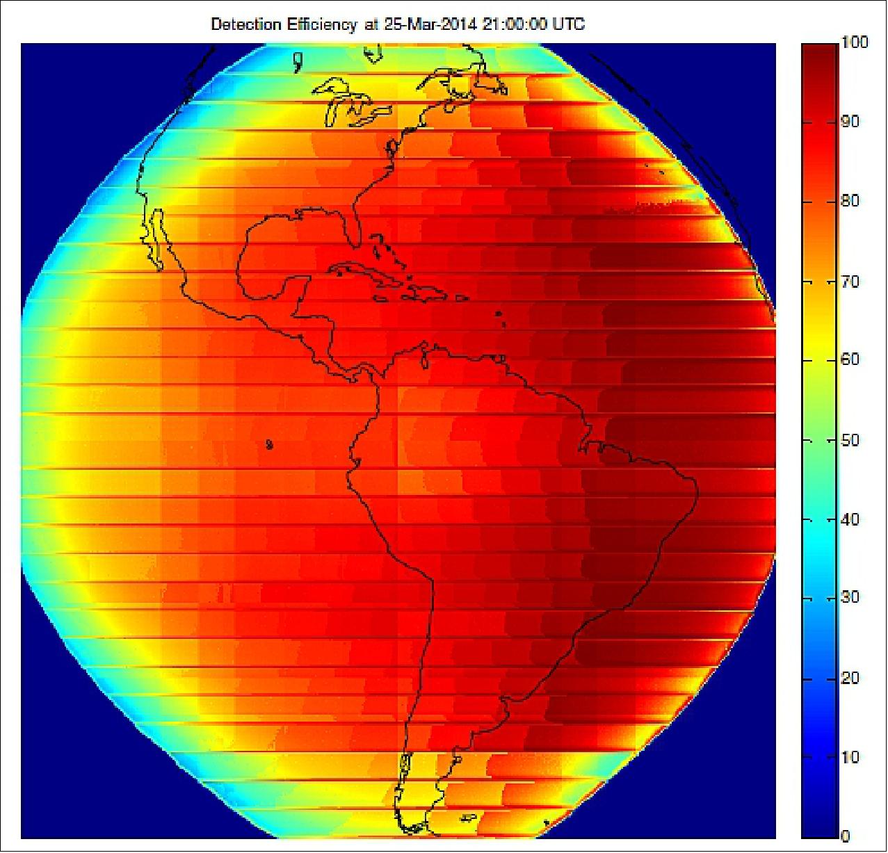 Figure 66: Calculated detection efficiency of each GLM pixel, in percent, at 4 PM local time as seen from GOES-East satellite (image credit: Lockheed Martin STAR Labs)