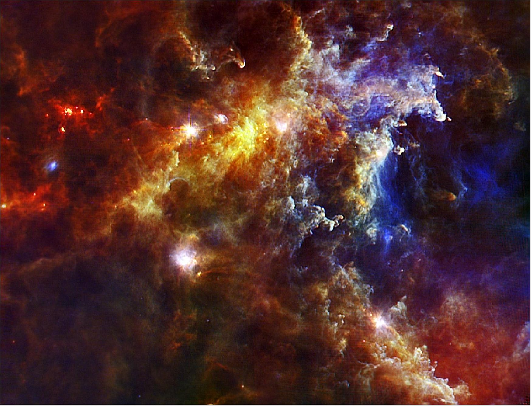 Figure 81: Infrared image of the Rosette molecular cloud 5000 light years from Earth as seen by HSO (image credit: ESA/PACS & SPIRE Consortium/HOBYS Key Programme Consortia) 124)