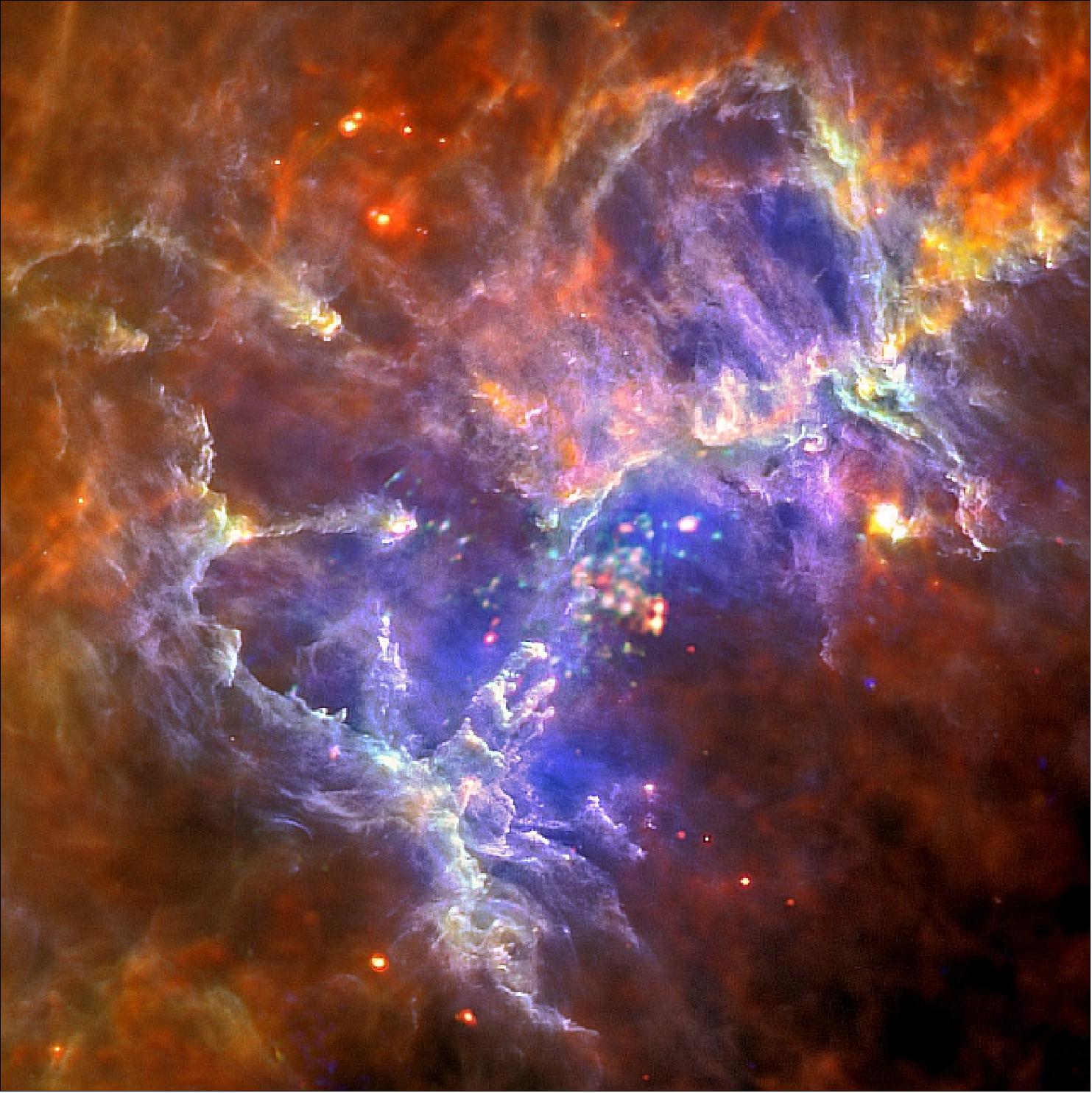 Figure 73: New Herschel and XMM-Newton image observed in far infrared and X-rays of the Eagle Nebula in January 2012 (image credit: far-infrared: ESA/Herschel/PACS/SPIRE/Hill, Motte, HOBYS Key Programme Consortium; X-ray: ESA/XMM-Newton/EPIC/XMM-Newton-SOC/Boulanger, Ref. 104)