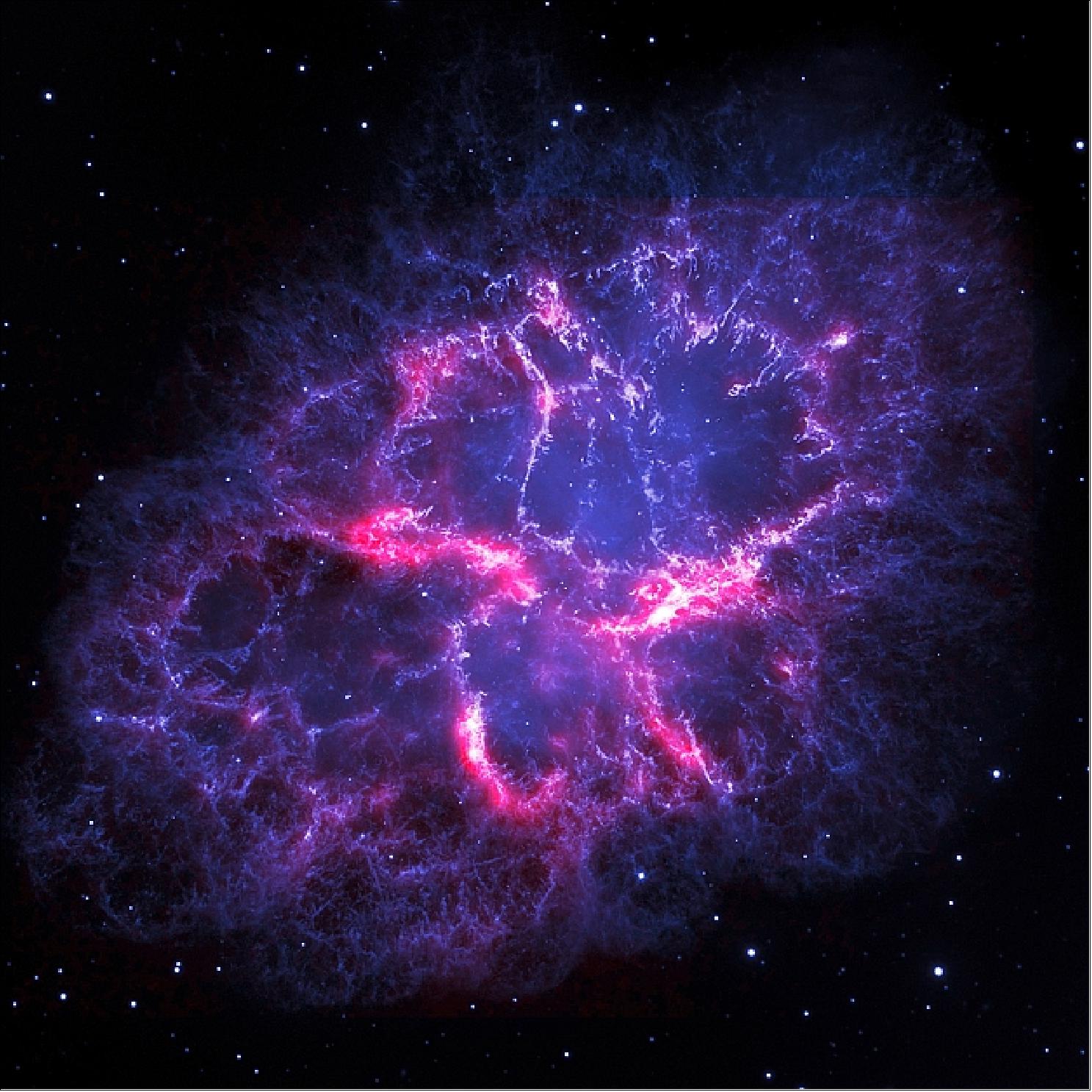Figure 64: Herschel and Hubble composite image of the Crab Nebula [image credit: ESA/Herschel/PACS/MESS Key Program Supernova Remnant Team; NASA, ESA and Allison Loll/Jeff Hester (Arizona State University)] 80)