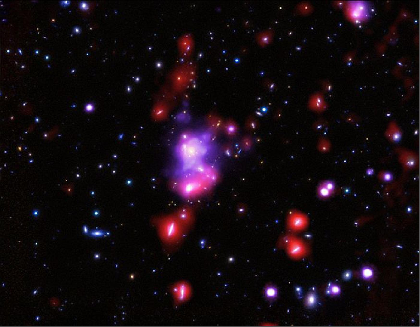 Figure 54: This multi-telescope composite of Herschel combines X-ray, infrared and optical data of the galaxy cluster XDCPJ0044.0-2033 (image credit: X-ray: NASA/CXC/INAF/P.Tozzi, et al; Optical: NAOJ/Subaru and ESO/VLT; Infrared: ESA/Herschel/J. Santos, et al.)