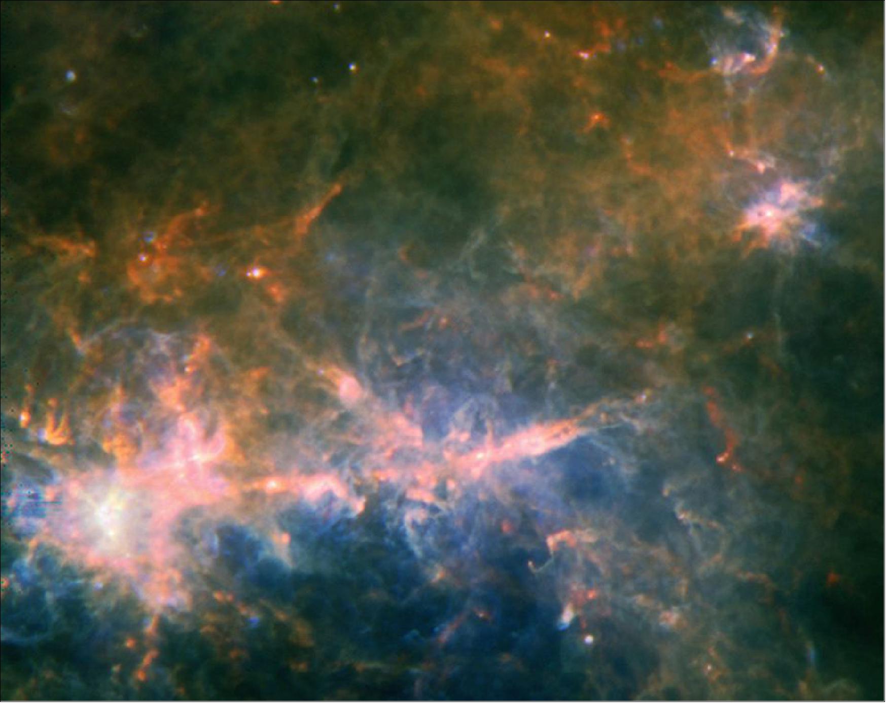 Figure 51: The G49 filament seen by ESA's Herschel space observatory. With a total mass over 80 000 solar masses, this huge but slender structure of gas and dust extends over about 280 light-years in length, while its diameter is only about 5 light-years (image credit: ESA/Herschel/PACS/SPIRE/Ke Wang et al., 2015) 55)