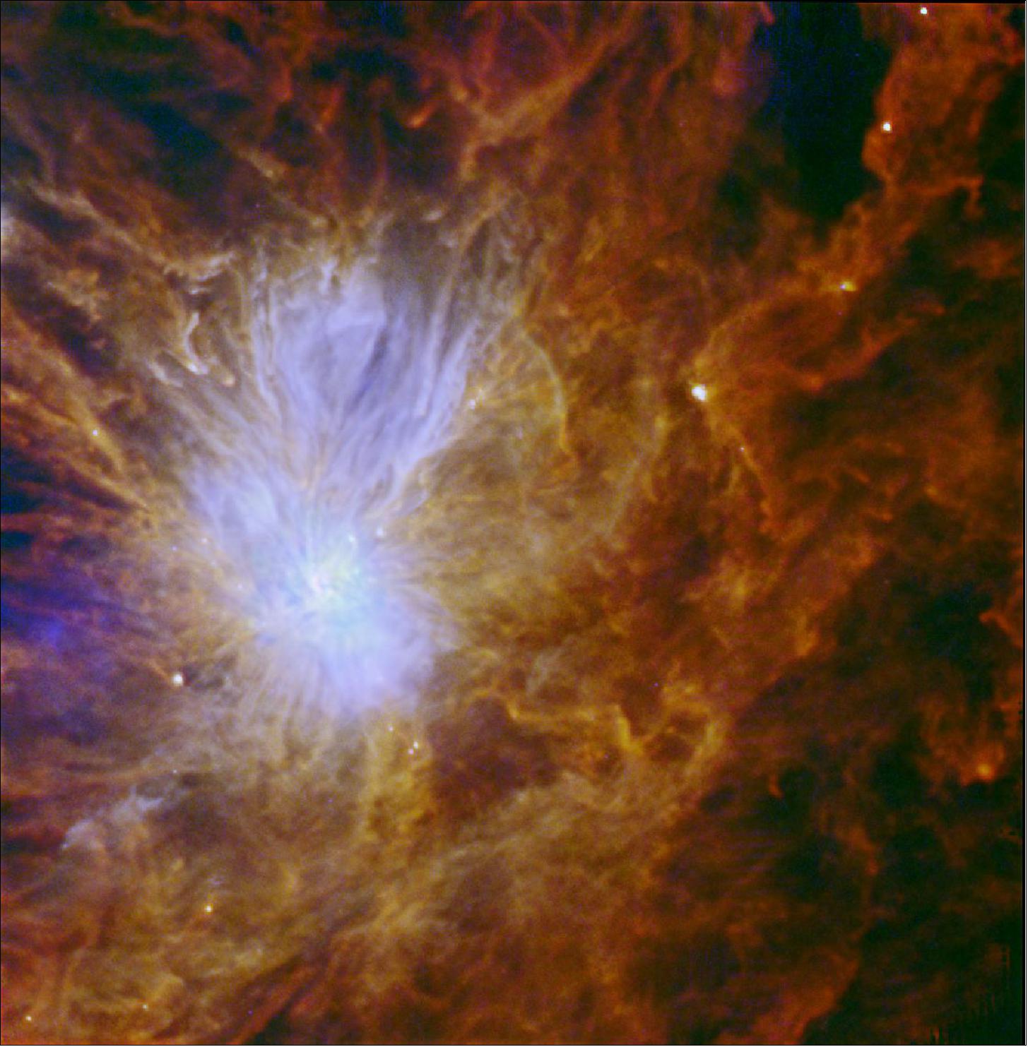 Figure 48: Feathery filaments in Mon R2 (image credit: ESA/Herschel/PACS/SPIRE/HOBYS Key Program consortium)