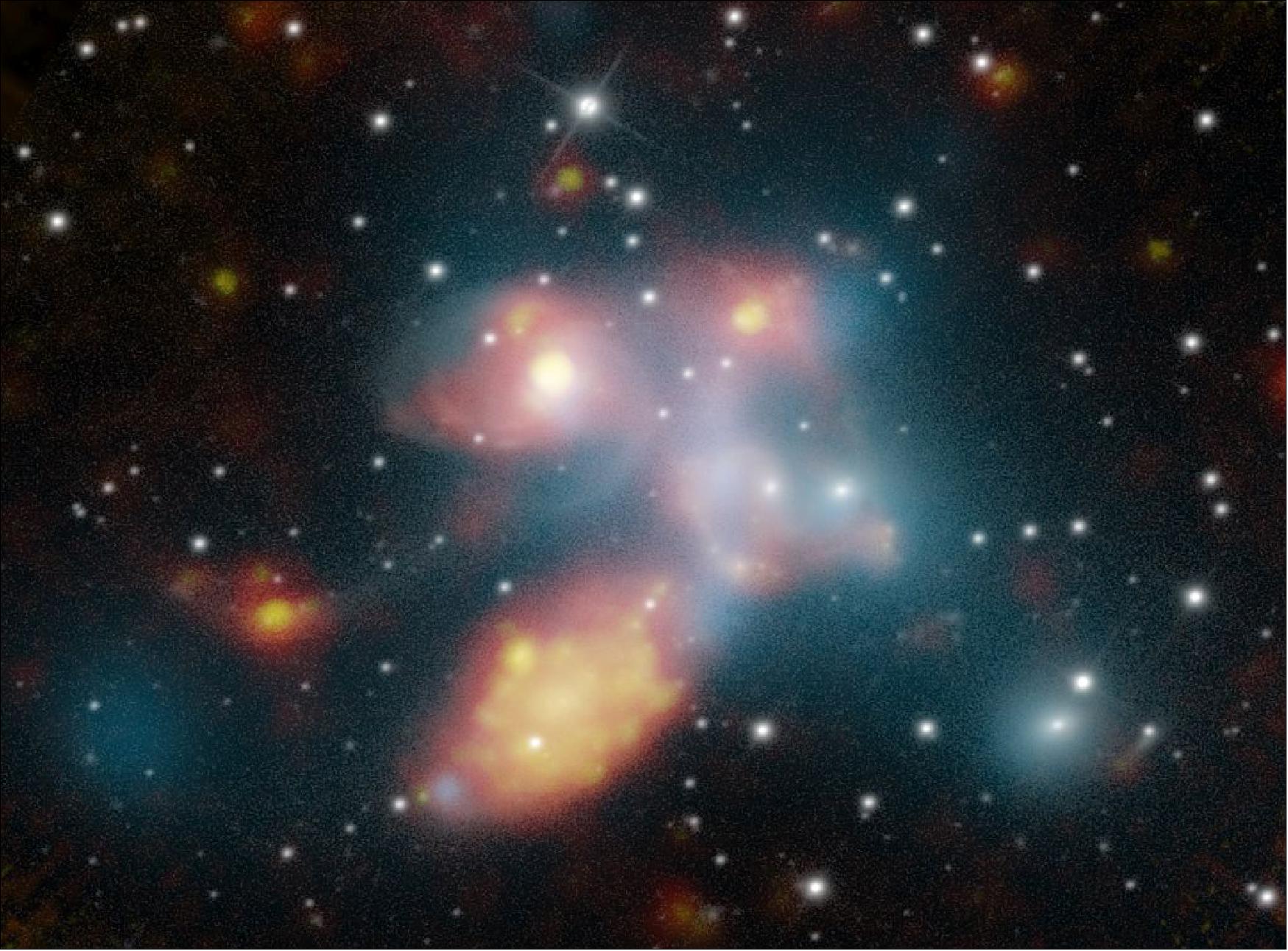 Figure 47: A multicolor view of the galaxies in Stephan's Quintet as revealed by Herschel, XMM-Newton and ground observatories [image credit: ESA/XMM-Newton (X-rays); ESA/Herschel/PACS, SPIRE (infrared); SDSS (optical)]