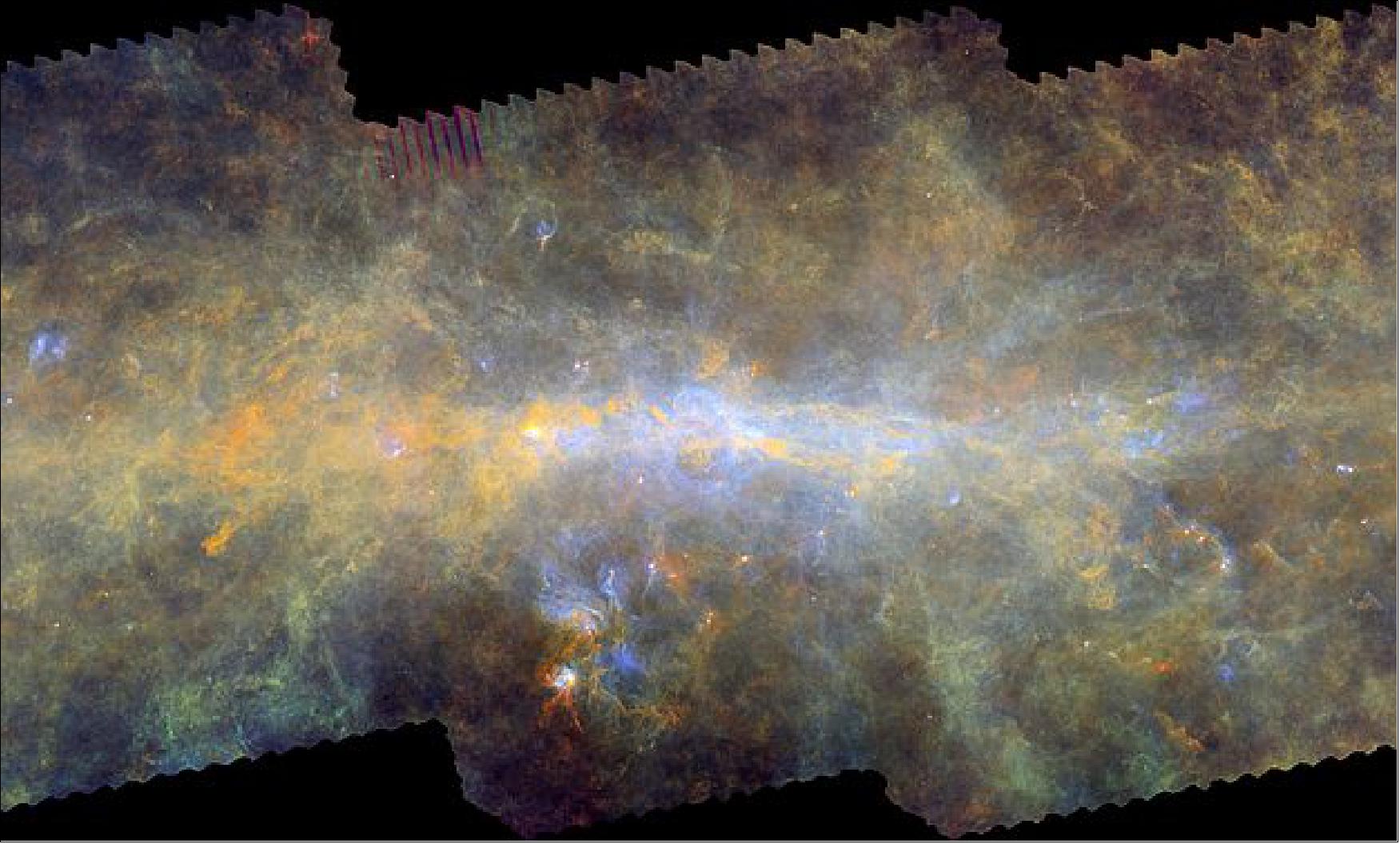 Figure 43: The center of our Galaxy, the Milky Way, about 25 000 light-years away, as seen seen by ESA's HSO. Clouds of gas and dust appear distributed along a giant, twisted ring, over 600 light-years wide, which encompasses the supermassive black hole sitting at the Galaxy's core. The image is a composite of the wavelengths of 70 µm (blue), 160 µm (green) and 350 µm (red), image credit: ESA/Herschel/PACS, SPIRE/Hi-GAL Project, G. Li Causi, IAPS/INAF, Italy