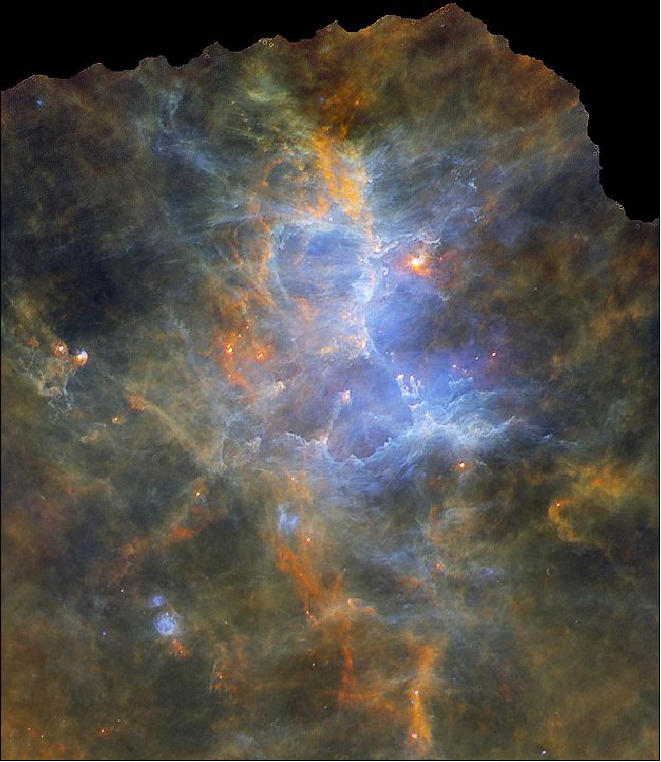 Figure 41: The Eagle Nebula, also known as M16, seen by ESA's HSO (Herschel Space Observatory) ; the nebula lies about 6500 light-years away (image credit: ESA/Herschel/PACS, SPIRE/Hi-GAL Project, G. Li Causi, IAPS/INAF, Italy)