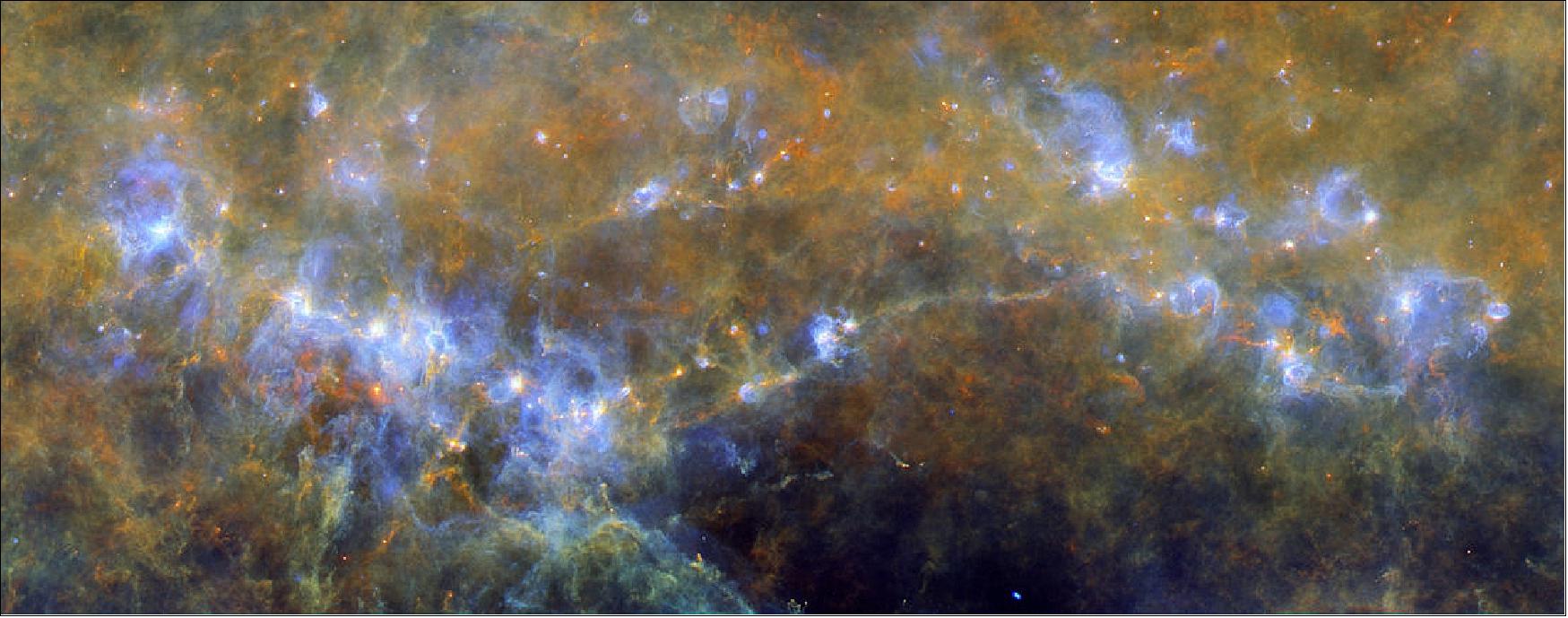 Figure 37: Stars are bursting into life all over this image from ESA’s Herschel space observatory. It depicts the giant molecular cloud RCW106, a massive billow of gas and dust almost 12 000 light-years away in the southern constellation of Norma, the Carpenter's Square (image credit: ESA/Herschel/PACS, SPIRE/Hi-GAL Project. Acknowledgement: UNIMAP / L. Piazzo, La Sapienza – Università di Roma; E. Schisano / G. Li Causi, IAPS/INAF, Italy)