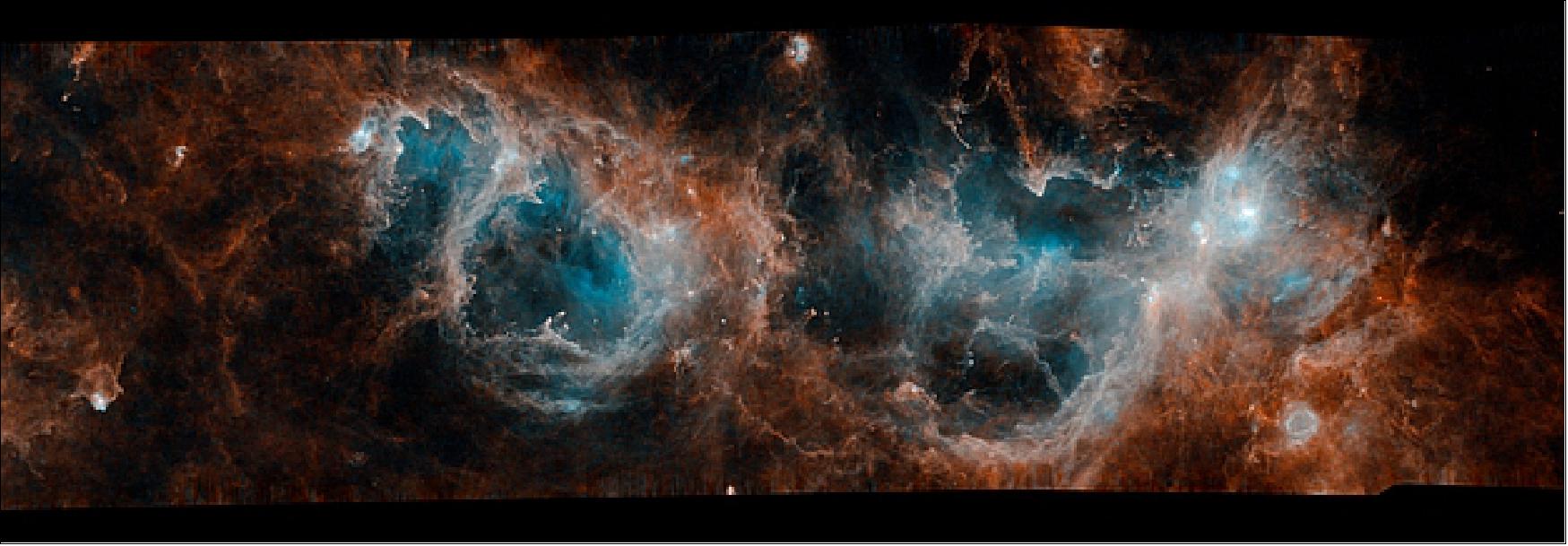 Figure 35: Space Science Image of the Week: HSO image of the W3/W4/W5 complex in the Milky Way. This two-color image combines Herschel observations at 70 µm (cyan) and 100 µm (orange), and spans about 8.4º by 2.9º; north is up and east to the left. [image credit: ESA/Herschel/NASA/JPL-Caltech, CC BY-SA 3.0 IGO; Acknowledgement: R. Hurt (JPL-Caltech)]