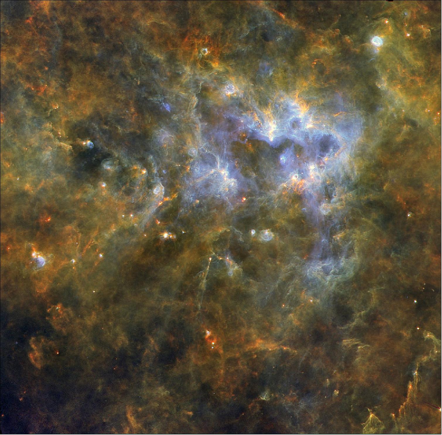 Figure 28: This image, obtained as part of Hi-GAL – the Herschel infrared Galactic Plane Survey, combines observations at three different wavelengths: 70 µm (blue), 160 µm (green) and 250 µm (red), image credit: ESA/Herschel/PACS, SPIRE/Hi-GAL Project. Acknowledgement: UNIMAP / L. Piazzo, La Sapienza – Università di Roma; E. Schisano / G. Li Causi, IAPS/INAF, Italy
