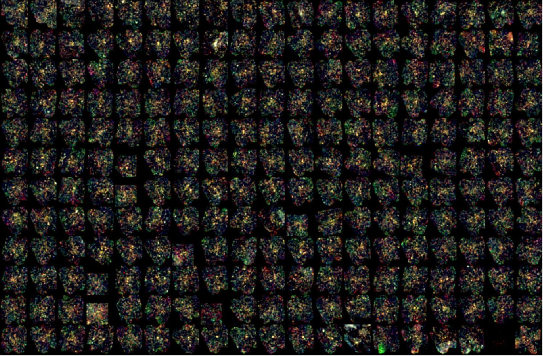 Figure 23: If you put 228 old TV sets together, the poorly synced images on their screens might look a bit like what you see here. But the science behind these shots – and the technology required to obtain them – is far more fascinating than what their appearance might suggest. — Rather than pixelated colorful static, the vast majority of these 228 shots shows dense concentrations of far-away galaxies that could be the seeds of the galaxy clusters we see in today’s Universe (image credit: ESA/Herschel/SPIRE/Planck consortia and H. Dole, D. Guéry, IAS, CNRS, Université Paris-Saclay)