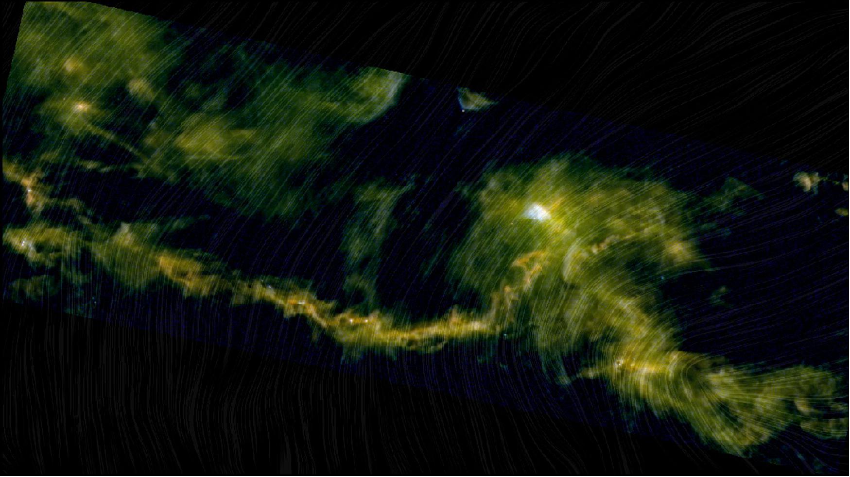 Figure 20: This image shows a section of the Taurus Molecular Cloud based on a combination of data from ESA’s Herschel and Planck space telescopes. The bright areas in the picture shows the emission by interstellar dust grains in three different wavelengths observed by Herschel (250, 350, and 500 µm) and the lines crossing the image in a ‘drapery pattern’ represent the magnetic field orientation (based on the Planck data). This molecular cloud is one of the closest regions of star formation, at around 450 light years from us, and is known to contain more than 250 young stellar objects. The section in this image shows the archetypical example of a filament in a star-forming cloud. The main filament that stretches from the left of the image and curves up to the hub is known as the Lynds Dark Nebula 1495 (L1495). L1495 contains several Barnard Dark Nebulae, which are dust-filled regions cataloged by astronomer Edward Bernard in 1919 and known as Barnard Objects. Dark nebulae are extremely dense regions of dust that obscure visible light. The central bright region is known as B10, with B211 and B213 stretching out from the bright area. The B213/L1495 nebula is a clear example of a star-forming region where the magnetic field lines are perpendicular to the main filament, and also contains striations, or material that appears perpendicular to the filament (image credit: ESA/Herschel/Planck; J. D. Soler, MPIA)